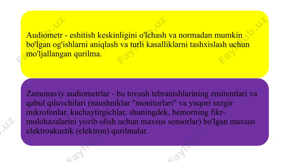 aziladi eshitish qobiliyatini buzishi mumkin bo'lgan jarohatlardan keyin; agar bemor eshitish muammolaridan shikoyat qilsa; biror kishi ma'lum yuqumli kasalliklarga chalinganidan keyin; miyaning eshitish po'stlog'ida patologik o'zgarishlar tashxisi qo'yilgan taqdirda; eshitish vositasini tanlashdan oldin; ba'zi dori-darmonlar kurslaridan keyin - antibiotiklar va salitsilatlar. eshitish qobiliyatini yo'qotish turi va darajasini aniqlash uchun audiometriya ham tavsiya etiladi. nutq audiometriyasi eshitish qobiliyatining buzilishi darajasi va turini aniqlashga yordam beradigan testdir. tekshiruv davomida shifokor tovushlarni qanchalik yaxshi eshitayotganingizni va so'zlarni tanib olishingizni baholashi, davolash va reabilitatsiya samaradorligini, eshitish apparatining ishlashini kuzatishi mumkin. nutq audiometriyasi - bu maxsus stimullar yordamida amalga oshiriladigan maxsus tadqiqot usuli. bular mutaxassislar tomonidan tanlangan bo'g'inlar, individual so'zlar va ularning birikmalari, audiometrik xususiyatlar va iboralar va bo'g'inlarning kombinatsiyasi protsedura davomida o'zgarib, nutqning tushunarliligi chegaralarini aniqlashga imkon beradi. bemor eshitgan hamma narsani takrorlaydi va mutaxassis natijalarni qayd etadi. nutq audiometriyasiga ko'rsatmalar har xil turdagi va darajadagi eshitish qobiliyatining yo'qolishiga shubha qilish; oldingi yuqumli quloq …