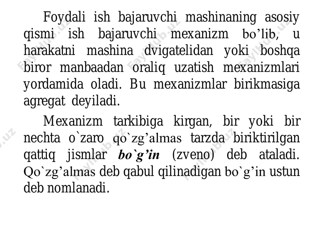 bog’lanish sharti qo’yiladi. iv sinf kinematik juft ko’rsatilgan. tsilindr prizmatik ariqchada 2 ta mustaqil harakatni bajaradi: sx,x-ilgarilanma va aylanma. v sinf kinematik juftda bo’g’inlarni nisbiy harakatiga 5 ta bog’lanish sharti qo’yiladi. v sinf kinematik juft kel- tirilgan. tsilindr tsilindrsimon ariq- chada 1 ta mustaqil x aylanma hara-katni bajaradi. tekis mexanizmlarni erkinlik darajasini chibeshev formulasi orqali aniqlanadi. w=3n-2p5– p4 fazoviy mexanizmlarning erkinlik darajasi esa somov-malishev formulasi orqali aniqlanadi. w=6n-5p5–4p4 –3p3–2p2–p1 текис стерженли механизмлар ричагли механизм оддий механизм мураккаб механизм e’tiboringiz uchun rahmat!