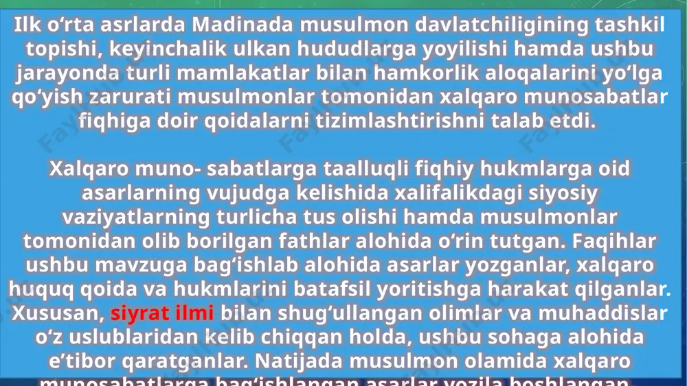 ifa bu asarini shogirdlari abu yusuf, zufar, asad ibn amr, hasan ibn ziyod lu’luiy, hafs ibn g’iyos naxa’iy, muhammad ibn hasan shayboniy, ofiya ibn yazid va o‘g‘li hammod kabi ulug‘ imomlarga imlo qilgan. mazkur olimlar “as-siyar” asarini abu hanifadan rivoyat qilib, uni o‘z fikrlari va qarashlari bilan yanada boyitganlar. natijada ularning o‘zlariga nisbat beriladigan bir qator asarlar dunyoga kelgan. hasan ibn ziyodning va muhammad ibn hasan shayboniyning siyar bo‘yicha yozgan asarlari shular jumlasidan image3.png image4.jpeg image5.jpeg /docprops/thumbnail.jpeg