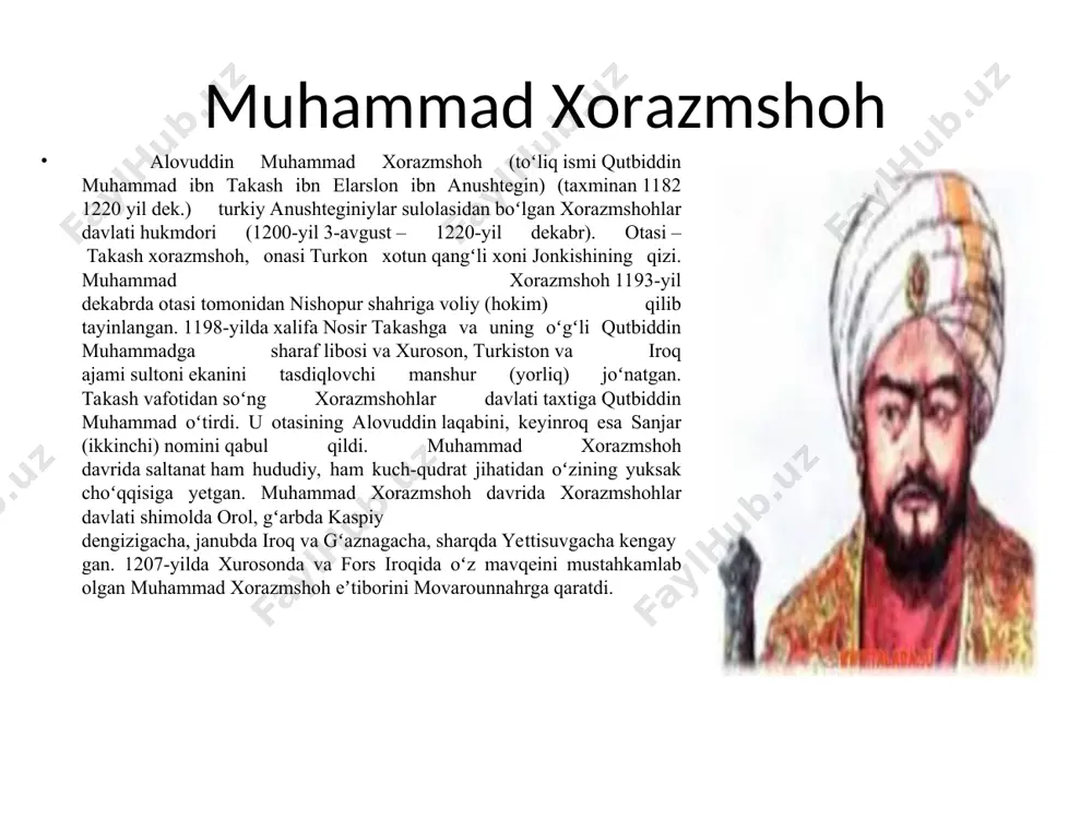 hiqqan amaldorlardan foydalanishi hamda muhammadning moʻgʻullar hujumi xabarini eshitib amalga oshirgan notoʻgʻri tadbirlari (har bir shahar oʻz-oʻzini himoya qarshi; raiyatdan 1 yil uchun 3 barobar xiroj yigʻishi) sababli muvaffaqiyatga erishdi. chingizxon xorazmga yurish qilib oʻtror (1219), buxoro va samarqand (1220)ni bosib oldi. muhammad xorazmshoh movarounnahrni tashlab xuroson tarafga qochdi. chingizxonning 20 minglik qoʻshinining tinimsiz taʼqib qilishi muhammadga oʻz kuchlarini qayta toʻplab, nafasini rostlashga imkon bermadi. kaspiy dengizining ashuro oroliga borib qolgan muhammad xorazmshoh qattiq betob boʻlib qoldi va umrining oxirida oldingi qarorini oʻzgartirib, oʻgʻli qutbiddin oʻzloqshohning oʻrniga jaloliddin manguberdini valiaxd deb eʼlon qildi. oʻsha orolda vafot etdi va shu yerda dafn etildi. keyinchalik jaloliddinning farmoyishiga koʻra, muhammad xorazmshohning jasadi isfahondagi xorazmshoxlarning xotirasiga qurilgan madrasaga koʻmish uchun ardahn qalʼasiga keltirilgan rashid ad-dinning yozishicha, mozandaron zodagonlari bilan uchrashuvda xorazmshohga yagona najot taklif qilingan: abeskun orollarida bir necha kun kutish. alouddin muhammad bu maslahatdan foydalangan. maʼlumki, abeskun oʻsha kunlarda gurgan daryosi (hozirgi goʻrgan) …