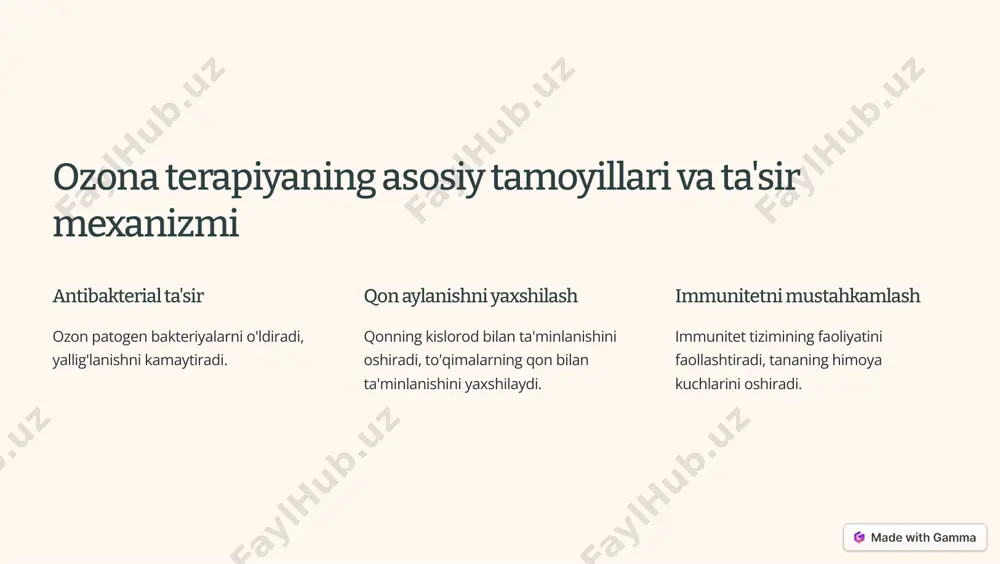 yot sifatini yaxshilash ozon bemorlarning hayot sifatini yaxshilashga yordam beradi. https://gamma.app/?utm_source=made-with-gamma pnevmoniya va bronxitda ozona terapiya usullari ozonli havo terapiyasi bemor ozon bilan boyitilgan havo nafas oladi. ozonli suv terapiyasi bemor ozon bilan boyitilgan suvni ichishga yordam beradi. ozonli inyeksiya terapiyasi bemorga ozon bilan boyitilgan eritma inyeksiya qilinadi. https://gamma.app/?utm_source=made-with-gamma ozona terapiyaning klinik natijalari va samaradorligi 90% samaradorlik ozona terapiyasi nafas olish kasalliklari bilan og'rigan bemorlarning 90%ida ijobiy natijalarga erishdi. 70% yaxshilanish ozona terapiyasidan so'ng bemorlarning 70%ida nafa olish funksiyasi yaxshilandi. 50% dori-darmonlarga bo'lgan ehtiyojni kamaytirish ozona terapiyasidan so'ng bemorlarning 50%ida dori- darmonlarga bo'lgan ehtiyoj kamaydi. https://gamma.app/?utm_source=made-with-gamma qarshi ko'rsatmalar va ehtiyot choralari homiladorlik va emizish qon ivishining buzilishi yurak-qon tomir tizimi kasalliklari https://gamma.app/?utm_source=made-with-gamma xulosa: ozona terapiyaning istiqbollari va tavsiyalar ozona terapiyasi nafas olish organlari kasalliklarini davolashda katta imkoniyatlar ochib beradi. biroq, ushbu usulning qo'llanilishi qarshi ko'rsatmalar va ehtiyot choralari hisobga olinib, shifokor bilan maslahatlashgandan so'ng amalga oshirilishi kerak. nafas olish organlari …