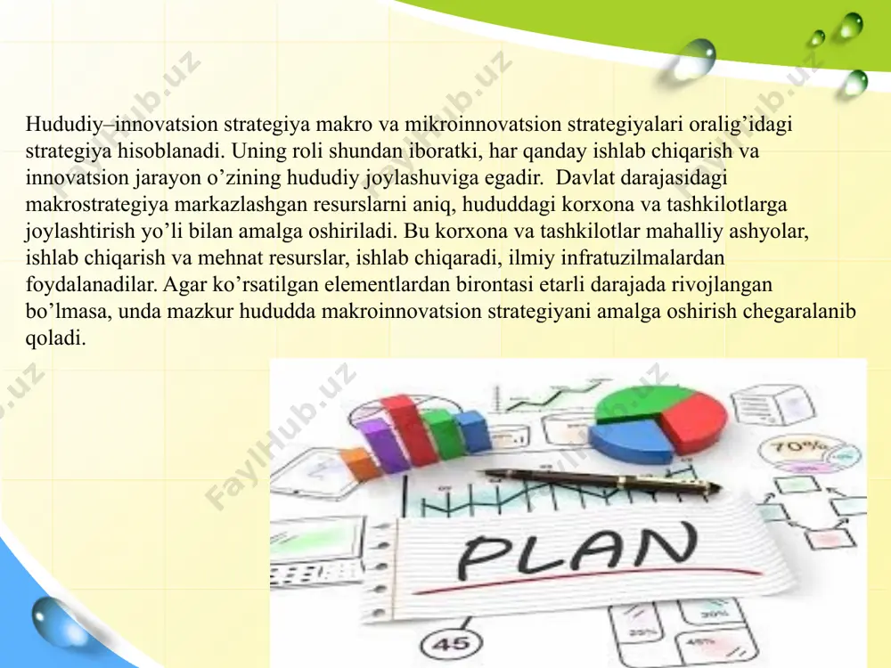 k strategiyasi avvalo ilmiy potentsialdan foydalanishga yo’naltirilgan. boshqa yo’nalish esa ilmiy-texnik qarorlarni shakllantirish va ekologik vaziyatni yaxshilashdan iboratdir. chunki yaxshi rivojlangan hududlarda ekologik vaziyat talabga javob bermaydi. o’rta darajada rivojlangan hududlar eng avvalo o’zini ilmiy-texnik sohalarini va sanoatini ko’tarish, rivojlantirishdan manfaatdordirlar. bu hududlar eng muvofiq strategiyalar birikmasini topishlari kerak: -texnologik sanchish; -yuqori darajadi rivojlangan hududlarda samarasiz hisoblanadigan, lekin bozorda barqaror talabga ega bo’lgan ishlab chiqarishni oraliq sinfini o’zlashtirish. kuchsiz rivojlangan hududlar o’zini strategiyasi mavjud tabiiy resurslardan, iqlimiy xususiyatlardan ishga qaratiladi. asosiy vazifa - shuning asosida malakali kadrlar va mehnat resurslar bilan ta’minlash. agar hududda mehnat resurslari kerakli darajadan ortiq bulsa, bunda qo’shimcha ish joylarini tashkil etish va ko’p ishchi talab etiladigan korxonalarni barpo etish vazifasi vujudga keladi. rejalashtirish tizimining mohiyati va reja turlari rejalashtirish (korxonani boshqarishning iqtisodiy quroli) - cheklangan ishlab chiqarish resurslaridan samarali foydalangan holda bozor talablarini hisobga olgan holda korxona rivojlanishining ijtimoiy-iqtisodiy maqsadlarini ilmiy asoslash va ularni amalga …