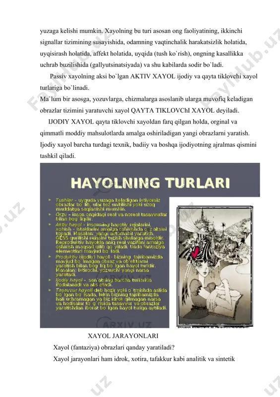 iv hayol o’ylab qo’yilmagan tarzda ham yuzaga kelishi mumkin. bu asosan ong faoliyatining, ikkinchi signal sistemasining susayishida, kishining vaqtincha harakatsizlik holatida, uyqusirash holatida, uyquda (tush ko’rishda), ongning kasallikka uchrab buzilishida (gallyusinasiyada) va shu kabilarda sodir bo’ladi. agar passiv hayolni oldindan o’ylab va o’ylamasdan qilingan turlariga bo’lish mumkin bo’lsa, aktiv hayolni ijodiy va qayta tiklovchi hayol turlariga bo’lish mumkin bo’ladi. o’z asosida tasviriga muvofiq keladigan obrazlar sistemasini yaratuvchi hayol qayta tiklovchi hayol deb ataladi. xoh darslarni, xoh badiiy adabiyotni o’qishda, geogrofik kartani va tarixiy tasvirlarni o’rganishda hayol yordami bilan bu kitoblarda, xaritalar va hikoyalarda aks ettirilgan narsalarni qayta tiklashga to’g’ri keladi. ijodiy hayol kayta tiklovchi hayoldan farq qilgan holda, original va qimmatli moddiy mahsulotlarda amalga oshiriladigan yangi obrazlarning yaratilishini taqozo qiladi. mehnatda paydo bo’lgan ijodiy hayol ehtiyojlarini qondirish yo’lini izlashda yaqqol tasavvurlar bilan aktiv va maqsadga muvofiq ish tutadigan texnik, badiiy va istalgan boshqa ijodiyotning ajralmas tomoni bo’lib qoladi. inson shaxsining …