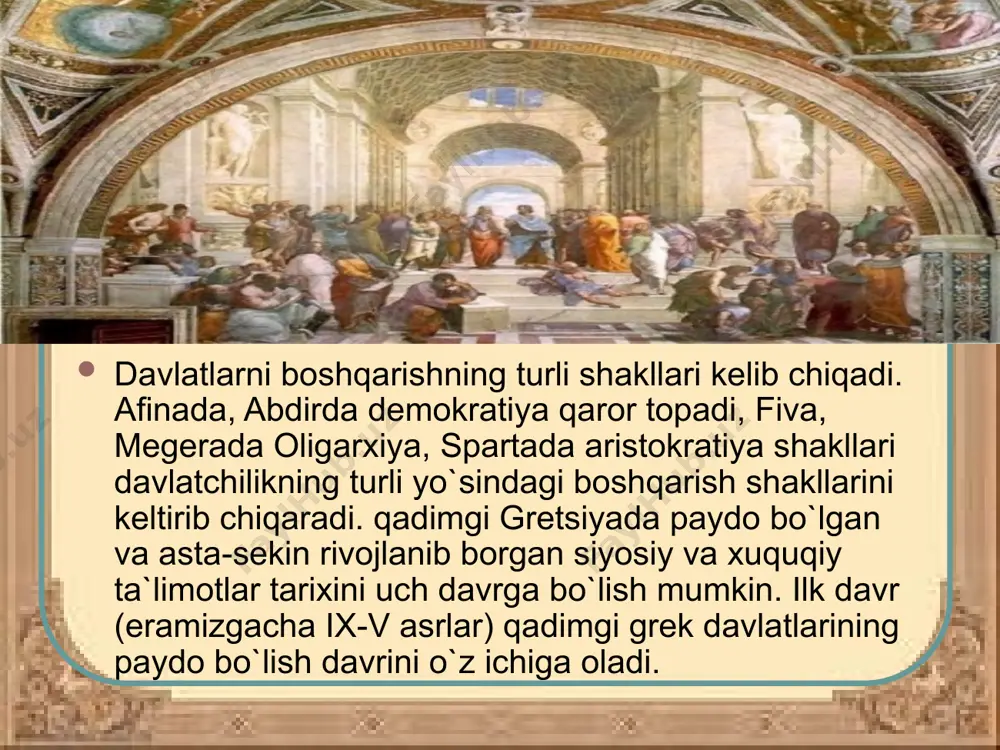jamiyatda xatlar muhim o’rin tutgan. ular ikki xil shaklda ochiq va yopiq shaklda yozilgan. platon, isokrat va sallyustiylar yozgan ochiq xatlarida falsafiy muammolar haqida fikr yuritilgan. yopiq xatlar davlat ahamiyatiga molik xatlar bo’lib, maxsus kishilar nomidan yozilgan. ularda asosan siyosiy va mahfiy ma’lumotlar yozilgan. yunon she’riy adabiyotining shakllanishi er. avv. ix–viii asarlarga tegishli bo’lib, bu davrni “gomer davri she’riyati” deyishadi. gomer, gesiod va dramaturglar esxil, sofoklning asarlari juda yaxshi saqlangan. gesiod o’zining “mehnat va kunlar” asarida yunon jamiyatidagi ijtimoiy ziddiyatlar haqida yozadi. shaharlar. yunon tarixiy manbashunosligiga shahar qoldiqlari muhim o’rin tutadi. shaharlardagi saroylar, ibodatxonalar yaxshi saqlangan. krit-miken davri saroylari, inshootlari juda ko’plab topilgan. yunon me’morchigining asosiy yodgorliklaridan bu palestlar va gimnasiylardir. palestlar – bu sport inshootlari jumlasiga kirib, u yerda asosan yosh bolalar muntazam sport bilan shug’ullanishgan. gimnasiy – sport inshooti bo’lib, bu yerda asosan kattalar sport va fan bilan shug’ullanganlar. bizgacha afinaning ikki katta gimnasiyasi saqlanib qolgan. ulardan biri …