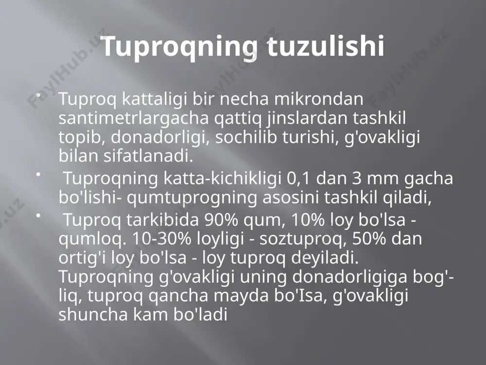 kibida lentasimon gijjalar bo'lgan najas bilan ifloslanishi shu osimlikdan oziqlangan qoramol va cho'chqalarning kasallanib, keyinchalik aholi o'rtasida teniarin- xoz va tenioz kasalliklarning tarqalishiga sabab bo'lishi mumkin. tuproqning ifloslanishi qattiq va suyuq chiqindilar tuproqqa har xil yo’llar bilan tushadi. tuproqning ifloslanganlik darajasi kimyoviy, bakteriologik hamda gelmintologik tekshirishlar orqali aniqlanadi tuproqning ifloslanganligini kimyoviy usulda aniqlash i.i. xlebnikov tavsiya qilgan dan foydalanish mumkin. tuproqda tozalanish jarayoni oshgan sari gumusdagi azot miqdori ortib boradi, shu bilan bir qatorda sanitariya soni ham oshadi. sanitariya soni deganda tuproqning gumus tarkibidagi oqsil azoti miqdorining tuproqdagi organik azot miqdoriga nisbati tushuniladi. juda ifloslangan tuproqda sanitariya soni 0,70 dan kam, o`rtacha ifloslangan tuproqda 0,85--0,86, deyarli toza tuproqda -0,98 bo'ladi. tuproqning ifloslanganligini undagi bakteriyalarning soni hamda ichak tayoqchasi titrini aniqlash usuli bilan ifodalash mumkin. juda ifloslangan tuproqning kolititri 0,001 va undan past toza-ifloslanmagan tuproqda titr - 1,0 va undan yuqori bo'ladi. toza tuproqda gijia tuxumlari bo'lmasligi kerak. tuproqning organik chiqindilardan …