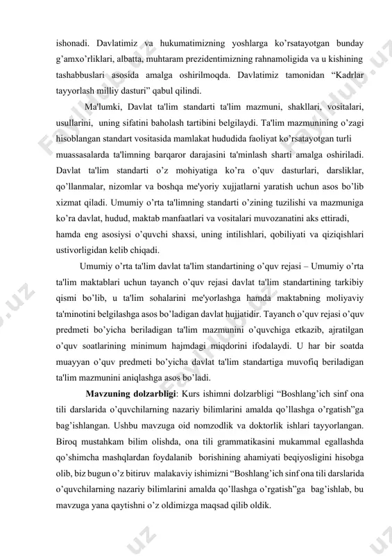 s`ichlari uchun ona tili ta’limi umumiy va zaruriy o`quv predmeti sifatida majburiy kiritilgan? ona tili ta’limi nimaga xizmat qilishi kerak? ilmiy grammatika, tilshunoslik ilmi asoslarini o`rganish uchunmi? jamiyat a`zolarining barchasi tilshunos bo`lishi shartmi?! tilshunoslik fani va tilshunos tilga mutlaqo ta`sir o`tkaza olmaydi−til tilshunos va grammatiklar amriga buysunmaydi. bu azaldan ma`lum oddiy haqiqat. jamiyatda hamma madaniyatli kishilarning tilshunos bo`lishi shart ham emas. demak, ta’limning barcha tur, bo`g`in, bosqich va ko`rinishlarida ona tili ta’limining o`ziga xos maqsadi va zarurati mavjud, zarurat esa o`rganilishi lozim. bundan tashqari o`zbek sovet pedagogikasida uzoq muddat davomida "o`zbekistonda ona tili ta’limi faqat oktabr revolyutsiyasidan keyin amalga oshirildi" degan g`ayriilmiy o`ydirma, o`zbek xalqi, uning uzoq tarixi va qadriyatlariga nisbatan noto`g`ri fikr hukmron edi. buning sabablarini prezidentimiz "bizning tariximizni boshqalar yozsa, boshqacha yozadi" degan xulosalarida va bu bo`limga peshlavha sifatida keltirilgan iqtibosda ochib bergan edilar. zero, o`zbekiston prezidenti ta`kidlaganidek, "qachongacha biz tariximizni birovlarning nuqtayi nazari, qarichi bilan baholaymiz?".[footnoteref:1]1 bu …
