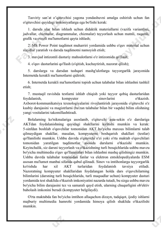 avrda talabalar tomonidan fanlar va elektron entsiklopediyalarda esm asosan ma'lumot manbai sifatida qabul qilinadi. sinov va imtihonlarga tayyorgarlik ko'rishda har xil akt turlaridan foydalanish tavsiya etiladi. nazoratning kompyuter shakllaridan foydalangan holda dars o'quvchilarning bilimlarini (darsning turli bosqichlarida, turli maqsadlar uchun) kompyuter dasturi yordamida test shaklida o'tkazish imkoniyatini nazarda tutadi, bu sizga ushbu mavzu bo'yicha bilim darajasini tez va samarali qayd etish, ularning chuqurligini ob'ektiv baholash imkonini beradi (kompyuter belgilaydi). o'rta maktabda fan bo'yicha imtihon allaqachon dizayn, tadqiqot, ijodiy ishlarni majburiy multimedia hamrohi yordamida himoya qilish shaklida o'tkazilishi mumkin. multimedia qo'llanmalari bilan ishlash darsda bir vaqtning o'zida tasviriy, statistik, uslubiy, shuningdek audio va video materiallardan foydalangan holda ish shakllarini diversifikatsiya qilish imkonini beradi. bunday ish darsning turli bosqichlarida bajarilishi mumkin: uy vazifasini tekshirish shakli sifatida; muammoli vaziyatni yaratish usuli sifatida; yangi materialni tushuntirish usuli sifatida; o'rganilayotganlarni birlashtirish shakli sifatida; dars davomida bilimlarni sinash usuli sifatida. kompyuter taqdimotlaridan foydalangan holda darslar shuningdek …
