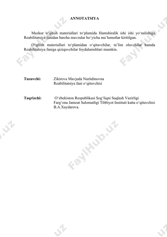 ta’lim texnologiyasi nusxa ( pdf ) 3 mavzular to‘plami yozma ( cd word ) 4 baholash vositalari matn, jadval 5 vizual didaktik resurslar elektron "tasdiqlayman" oʻquv va tarbiyaviy ishlari boʻyicha direktor oʻrinbosari ________________ q.s.rahmonov «31» avgust 2022 yil. 2-marg‘ilon abu ali ibn sino nomidagi jamoat salomatligi texnikumi o’qituvchisi m.n.zikirovaning 2022-2023-o‘quv yili uchun reabilitatsiya fanidan taqvimiy - mavzular rejasi № kasb va guruhlar umumiy yuklama, soat kreditlar miqdori darslar turi boʻyicha soatlar taqsimoti (auditoriya yuklamasi) mustaqil ish hammasi jami nazariy amaliy iv semestr v semestr 1 2 3 4 5 6 7 8 9 11 1 hamshiralik ishi 4 135 90 30 60 10/20 20/40 45 taqvimiy mavzular rejasi “hamshiralik ishi” kafedra yigʻilishining 2022- yil № 1-sonli bayonnomasi bilan tasdiqlashga tavsiya etilgan. _____________________ kafedra mudiri: m.a.rahmonova___________ reabilitatsiya asoslari 5-semestr 20 soat t/r mavzu jami o‘qitishning tashkiliy shakli mustaqil ta‘lim o‘quvchilarning bilim va ko‘nikmalarini baholash guruhlar va sana 1 2 3 4 …