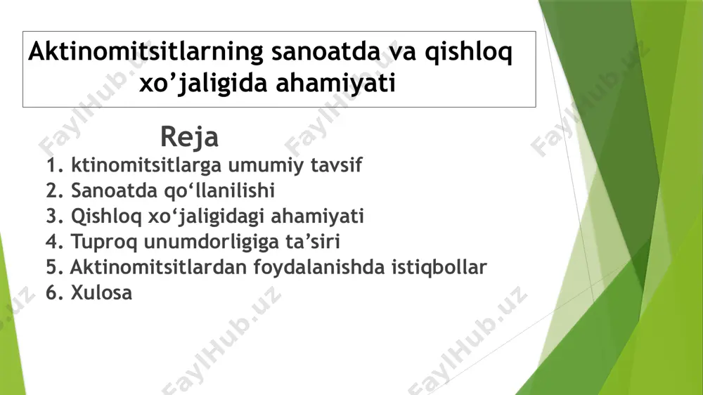 ik jihatdan o‘zgartirilib, yuqori samarali antibiotiklar, bioo‘g‘itlar va biologik himoya vositalari ishlab chiqarish uchun keng imkoniyatlar yaratmoqda. 4. tuproq unumdorligiga ta’siri aktinomitsitlar chirindilarni parchalaydi, natijada tuproqda ozuqa moddalarining aylanishi tezlashadi, bu esa tuproq unumdorligini oshiradi. 6. xulosa aktinomitsitlar — tabiiy biologik resurs sifatida sanoat va qishloq xo‘jaligida katta ahamiyatga ega. ularning keng funksional imkoniyatlari ekologik toza va iqtisodiy jihatdan foydali texnologiyalarni yaratishga xizmat qilmoqda. e’tiboringiz uchun raxmat image1.png image2.png image3.png image4.png image5.png image6.png image7.png image8.png image9.png image10.png /docprops/thumbnail.jpeg