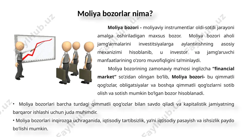 at narxi sotib olmasligi uchun oldindan past narxni kafolotlab qo’yish asosiy aktivlarni kelajakda past narxi sotmasligi uchun oldindan yuqori narxni kafolotlab qo’yish forvard shartnoma - bu asosiy aktivni kelajakda kelishilgan ma’lum bir narxiga sotib olishga yoki sotishga rozi bo'lgan ikki tomon o'rtasidagi shartnoma xaridor sotuvchi fyuchers shartnomasi - bu ikki tomon o'rtasida tuzilgan shartnoma bo'lib, unda har ikki tomon ma'lum miqdordagi ma'lum bir aktivni va oldindan belgilangan narxda, kelajakdagi belgilangan aniq sanada oldi-sotdi qilish bitimi. futures shartnomasi seller opsion shartnomalar opsion shartnomalar ikki tomon o’rtasidagi sharnoma bo’lib, u uning egasiga qimmatli qog’ozlarni yoki tovarlarni bitimda qayt etilgan narxda belgilangan muddatda sotish yoki sotib olish huquqini beruvchi xujjat. put opsion call option swop shartnomalar - bu shunday moliyaviy shartnoma bo’lib, u bir tomonga tegishli bo’lgan kelgusidagi to’lovlarni ikkinchi tomonning kelgusidagi to’lovlariga almashish majburiyatini yuklovchi shartnoma. swoplarni futures shartnomalardan farqi: birjadan tashqari bozorda amalga oshiriladi; shartlar kontragentlar tomonidan amalga oshiriladi; yirik kompaniyalar …