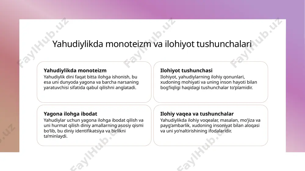 kundalik amaliyotlari asrlar davomida o‘zgarib, rivojlanib kelgan. bu amaliyotlar yoshlar va avlodlar o‘rtasida madaniyat va dini qadriyatlarni saqlashda muhim rol o‘ynaydi. madaniy an'analar uzoq tarix davomida yahudiy madaniyati o‘ziga xos urf-odatlar va amaliyotlarni shakllantirdi. bu an'analar diniy va madaniy birlikni mustahkamlash uchun muhimdir. ritual va urf-odatlar kundalik hayotda bajariladigan diniy rituallar va urf-odatlar, diniy qadriyatlar va jamiyatdagi madaniy an'analarning ramzidir. ular yoshlar va katta avlodlar o‘rtasida bog‘liqlikni ta'minlaydi. yahudiy an'analari va urf-odatlarning yoshlar va yangi avlodlar o‘rtasidagi o‘rni 1 yoshlar uchun an'analar yosh avlodlar uchun yahudi an'analari va urf-odatlar muhim ahamiyatga ega bo‘lib, ular milliy identitet va dini qadriyatlarni saqlashda yordam beradi. bu an'analarning davom etishi yoshlar orasida madaniy uzviylikni mustahkamlashga xizmat qiladi. 2 yozma va amaliy o‘rganish yangi avlodlar uchun an'analarning yozma shakllari va amaliy tadbirlarda qatnashish, tarixiy qadriyatlarni anglash va ularni kundalik hayotga tatbiq etishda muhimdir. bu jarayon avlodlar o‘rtasida madaniy merosni davom ettirishga yordam beradi. 3 yoshlar …