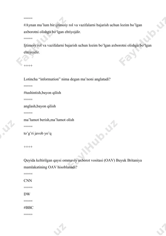 === mtv roto protokoli ==== mppp roto protokoli ++++ telegram dasturida nechanchi yildan boshlab ovozli chat dasturi taqdim qilindi? ==== #2021-yil mart oyida ==== 2022-yil april oyida ==== 2020-yil may oyida ==== 2022-yil may oyida ++++ quyida keltirilgan javoblardan qaysi birida ijtimoiy tarmoqlar nomlari keltirib o’tilgan? ==== #facebook, twitter, instagram, linkedin, myspace ==== whatsapp, viber, telegramm ==== bbc, cnn, dw ==== google, yahoo ++++ keltirilgan javoblardan qaysi birini internetdagi mavkuraviy tahdidlar deb hisoblashimiz mumkin? ==== demokratiya, axborot vositalari ==== #pornografiya (fahsh, behayo), zoravonlik, yovizlik, beshavqatlik ==== ijtimoyi tarmoqlar ==== ommaviy axborot vositalari ++++ behayolik, odobsizlik kabi illatlar qaysi shakllarda omma ongiga kirib kelishi mumkin? ==== ommaviy madaniyat, demokratiya, oav ==== messengerlar (misol uchun telegramm kanallari va guruhlari) ==== ijtimoyi tarmoqlar ==== #barchasi to’g’ri ++++ musulmon mentalitetiga zid bo’lgan odatlar hisoblanuvchi ga’rb mamlakatlarining, jumladan rossiyaning hayot tarzi, mentaliteti, odatlari respublikamiz yoshlariga qay tarzda kirib kelishi mumkin? ==== kiyinish, kliplar, filmlar, uyinlar …