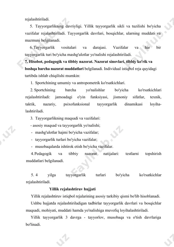 aqalar mavsumi yakunlanganidan, toki yangi mavsum - yangi tayyorgarlik sikli boshlangunga qadar davom etadi. o'yin davrida maxsus-ixtisoslashtirilgan yuklamalar hajmi imkoni boricha kamaytiriladi. bu davr shartli ravishda uch bosqichga bo'linishi maqsadga muvofiq. masalan: agar o'tish davri 30 kunni tashkil etsa, birinchi o'n kun davomida yuklamalar (ixtisoslashtirilmagan yuklamalar: erkin yugurish, gimnastika, suzish va h.k.) hajmi va shiddati sekin-asta kamaytirilishi lozim. ikkinchi o'n kunlikda ish qobiliyatini tiklovchi, sog'lomlash-tiruvchi va chiniqtiruvchi vositalardan foydalanish maqsadga muvofiq. uchinchi o'n kun davomida sekin-asta ish qobiliyatini faollashtiravchi mashqlardan foydalanish tavsiya etiladi. umuman o'tish davrida asosiy e'tibor funksional imkoniyatlarni oshirish va bioenergetik resurslar zaxirasini jamlashga qaratilish darkor. yillik rejalashtiruv hujjatlari asosida, tezkor rejalashtiruv hujjatlari ishlab chiqilishi zarur: ishchi reja, mashg'ulot bayonnomasi va mashg'ulotjadvali. ushbu tezkor rejalashtiruv hujjatlari yillik rejada loyihalashtirilgan barcha jarayonlarni yanada aniqlashtiradi va aksariyat hollarda joriy nazorat natijalariga ko'ra mashg'ulotlar hajmi, shiddati, mazmuni, takrorlanishi va yo'nalishiga qisman yoki to'liq o'zgartirishlar, qo'shimcha rejalarni kiritishi mumkin. yillik tayyorgarlik siklining …