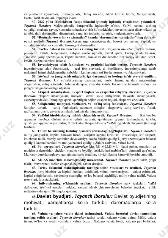 , chiziqli dasturlash, bozor raqobati, chekli mahsulot, qo‘shimcha mahsulot, texnik taraqqiyot, kapital va mehnat, amortizatsiya, investitsiya, jamg‘arish normasi, daromad miqdori. 28. o’zbekiston respublikasida soliq siyosatining o’ziga xos xususiyatlari. tayanch iboralar: iqtisodiyotga soliq yukini pasaytirish, soliq tushumlari tarkibida bevosita soliqlar ulushinig kamatirib borilishi, soliq stavkalarining pasaytirilishi, soliqlarni unifikatsiyalash va turlarini qisqartirish, soliqlarning rag’batlantiri funktsiyasini kuchaytirish, 29. ishsizlik va inflyatsiya o’rtasidagi bog’liqlik. fillips egri chizig’i. tayanch iboralar: ishsizlikning kamayishi, bandlilik darajasining ko’tarilishi, ish haqi va daromadlarning ortishi, yalpi talabning k5o’tarilishi va baholarning o’sishi. fillips egri chizig’i. 30. texnologik taraqqiyotning iqtisodiy o‘sishga ta’siri. felpsning «oltin qoidasi». tayanch iboralar: ishlab chiqarishdagi sifat, mehnat birligi samaradorligi, kapital hajmi, ishchi kuchi, iste’mol, inson kapitali. 31. byudjet-soliq (fiskal) siyosatining mohiyati, maqsadlari, vositalari. tayanch iboralar: byudjet soliq siyosatining maqsadlari, vositalari, soliqlar,davlat xarajatlari, rag’batlantiruvchi va cheklovchi fiskal siyosat. 32. yalpi talab va yalpi taklifning muvozanati. tayanch iboralar: ad-as-modelida muvozanat, yalpi talab egri chizig’i siljishining modeldagi muvozanatga ta’siri, iqtisodiy o’sish, …