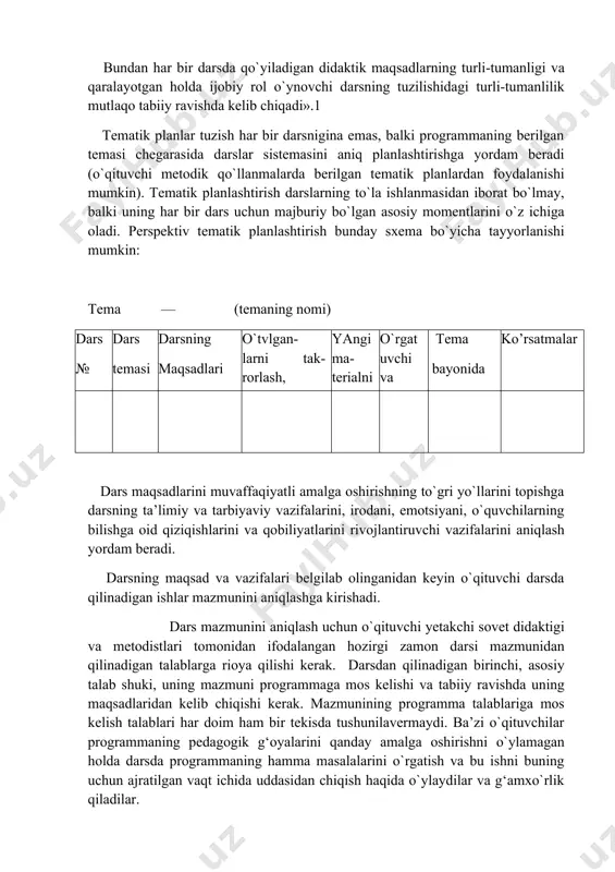 ki xonali sonlarni qo`shish va ayirish usullari bilan tanishgan edilar. mazkur darsda shunday sonlarni qo`shish va ayirish malaka va ko`nikmalarini shakllantirishga oid ish o`tkazish nazarda tutiladi . bir- ikki darsdan keyin bolalarni sonni yig‘indiga qo`shishning har xil usullari bilan tanishtirish kerak. shu sababli qaralayotgan darsning maqsadlaridan biri sonni yig‘indiga qo`shish xossalarini o`rganishga tayyorgarlik ishlarini o`tkazishdan iborat. agar bu ish o`tkazilmasa, u holda mazkur dars zvenosi hisoblangan «zanjir» uziladi va bolalar yangi materialni o`zlashtirishga yetarlicha tayyor bo`lmay qoladilar. «yangi temaga o`tilgandan keyin ham oldingi temada olingan bilimlar va malakalar ustida ishlash to`xtab qolmaydi; u takrorlash shaklida, ilgari o`tilganlarni rivojlantirish va mukammallashtirish shaklida davom ettiriladi; bunda bilimlar boyitiladi; malakalar sekin-asta avtomatlashtiriladi, yangi va eski bilimlar orasida bog‘lanish o`rnatiladi, ma’lum sistema yaratilada. bundan har bir darsda qo`yiladigan didaktik maqsadlarning turli-tumanligi va qaralayotgan holda ijobiy rol o`ynovchi darsning tuzilishidagi turli-tumanlilik mutlaqo tabiiy ravishda kelib chiqadi».1 tematik planlar tuzish har bir darsnigina emas, balki programmaning …