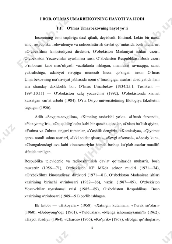 «yigit va qiz» (1967), «asosiy ko‘n» (1971), «ikki soldat qissasi» (1973), «changalzordagi ov», «sevgi afsonasi» (1985) va boshqa kinostsenariylarning mualliflaridan biri. hayotning botiniy qatlamlarini chuqur o‘rganish va tahlil etish, inson taqdirida ro‘y bergan ziddiyat va holatlarni, belgilarni umumlashtirish, badiiy tafakkur tarozisiga qo‘yish, lirizmga moyillik, inson xarakterini uning ruhiy holati, histuyg‘ulari orqali ochib berish o‘lmas umarbekovning ijodiy uslubiga xos xususiyatlardir. asarlari xorijiy tillarga tarjima qilingan. hamza nomidagi o‘zbekiston davlat mukofoti laureati (1980). adib 1956-1971 yillarda radioda adabiyot bo‘limini boshqardi. asarlari turli mukofotlarga loyiq ko‘rila boshladi. bir daf’a o‘zbekistondan taniqli yosh yozuvchi sifatida bolgariyaga safarga borib, yordan milev degan adib bilan do‘stlashib qaytdi. o‘sha kezlarda meni bir yo‘qladi deydi miraziz a’zam: — qayoqlardasiz, nega matbuotda ko‘rinmaysiz? bir nimalar yozyapsizmi o‘zi? — deb surishtirdi. — ha, bolalarga yozgan she’rlaringizdan xabarim bor… kattalarga ham yozing… — indamay turganimdan so‘ng maqsadga ko‘chdi: — meni bolgariyalik shoirlar tog‘larga olib chiqib, rosa mehmon qilishdi. va o‘z she’r …