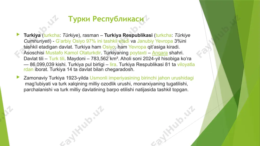 855 juda yuqori (2022, 45th)[11] 0.717 yuqori (2022, ihdi 48-oʻrin)[12] korrupsiyani idrok etish indeksi 100dan 43 ball (2023; 115-oʻrin) ishchi kuchi 34,796,000 (2023)[13] 3.2 million turk chet elda ishlaydi[1] 57.3% bandlik darajasi (2023)[14] ishchi kuchi kasb boʻyicha qishloq xoʻjaligi, oʻrmon xoʻjaligi va baliqchilik: 14,8% iqtisodiyotning ikkinchi sektori: sanoat: 20,8% ikkilamchi sektor: qurilish: 6,4% xizmatlar: 58,0% (2023)[15] ishsizlik ▼ 8.5% (2023)[13] ▼ 16.3% yoshlar orasida ishsizlik darajasi (15dan 24yoshgacha; oktyabr 2023)[13] oʻrtacha yalpi ish haqi 35,650₺ / 1,115$ / 1,020€ (oylik, 2024)[16] 27,550₺ / 860$ / 790€ (oylik, 2024)[16] asosiy ishlab chiqarish mexanikaturizmtoʻqimachilikelektronikaqurilishkemasozlikavtomobilsozlikkonchilikpo‘lattemirmisbormudofaaneftoziq-ovqat sanoatipaxta biznes yuritish qulayligi indeksi 33-oʻrin (juda oson, 2020)]][17] eksport $255.8 billion (2023)[18] eksport tovarlari transport uskunalarimexanikametall mahsulotlarikiyim-kechakelektronikaoziq-ovqat mahsulotlaritoʻqimachilik asosiy eksport hamkorlari yevropa ittifoqi 40.8% amerika qoʻshma shtatlari 5.9% iroq 5.8% birlashgan qirollik 4.9% rossiya 4.3% birlashgan arab amirliklari 3.4% falastin 2.1% ukraina 1.3% misr 1.3% xitoy 1.3% (2023)[20] import ▼ $361.8 billion (2023)[20] import tovarlari yoqilg'i mexanizm …