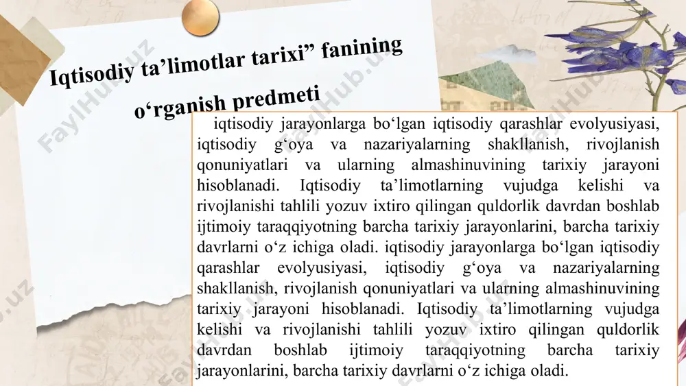 da mehnatni tenglashtirish shaklida yuzaga chiqishi, ya’ni tovarda gavdalangan mehnatning miqdori va uning nafliligining hisobga olinishi ham ta’kidangan. iqtisodiy ta’limotlar tarixi fani manba jihatidan ilmiy davrlash iqtisodchilarning tadqiqotlaridagi asosiy bosh g’oya - jamiyat, insoniyat, ayrim shaxslarning boyligi masalasidir. merkantilizm fiziokratizm marjinalizm sotsialistik merkantilizm xv-xvii asrlarda (qisman xviii asr boshlarida) yangi iqtisodiy ta’limot -merkantilizm vujudga keldi. merkantilizm to’g’risida qisqa ma’lumot beradigan bo’lsak, jamiyatning boyligi puldan oltindan iborat bo’lib, u savdoda paydo bo’ladi va ko’payadi. merkantilizm italyancha so’zdan olingan bo’lib, “mercante” - savdogar degan manosini bildiradi. bu iqtisodiy ta’limot ichida fiziokratizm ham vujudga keldiki, uning umri uncha uzoq bo’lmadi jamiyatning boyligi qishloq xo’jaligida vujudga keladi. . fiziokratizm klassik maktab g’oyalari hozirgi davrda ham turli shakllarda qayta namoyon bo’lmoqda (neoklassik, liberal, neoliberal...). klassik siyosiy iqtisod - boylik faqat qishloq xo‗jaligida emas, balki sanoat, transport, qurilish va boshqa sohalarda ham yaratilishini isbotlab berdi. petti (1623-1686) boylikning manbai yer va mehnat ekanligini e‘tirof etgan. «mehnat …