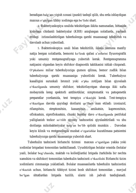 flyuorografik yoki umumiy rentgenografiyaga yuborish kerak. rentgenogramma natijasini olgandan keyin shifokor diagnostik taktikasini ishlab chiqaradi. o‘pkalarni miliar tuberkulyoziga gumon qilinsa, bemor zudlik bilan tuberkulyozga qarshi muassasiga yuborilishi kerak. tuberkulyoz kasalligini surunkali bronxit yoki o‘pka zotiljam bilan qiyoslash o‘tkazilganda umumiy shifokor, tekshirilayotgan shaxsga ikki xafta mobaynida keng spektorli antibiotiklar, simptomatik va patogenetik preparatlar yordamida, test terapiya o‘tkazishi kerak. test-terapiya o‘tkazilgan davrda quyidagi dorilarni qo‘llash man etiladi: izoniazid, rifampitsin, streptomitsin, kanamitsin, amikatsin, kapreomitsin, ofloksatsin, siprofloksatsin, chunki bunday davo o‘tkazilganda perifokal yalliglanish tezkor so‘rilib qiyosiy tashxsotini qiynlashtiriladi va shu dorilarga mikobakteriyalar turg‘un bo‘lib qolishi mumkin . davodan keyin klinik va rentgenologik musbat o‘zgarishlar kuzatilmasa patsientni tuberkulyozga qarshi muassasiga yuborish shart. tuberkulin tashxisoti birlamchi tizimni maxsus o‘rgatilgan yakka yoki xodimlar brigadasi tomonidan tashkillanadi. uyushtirilgan bolalar orasida (bolalar yasli, bolalar bog‘chasida, maktab va kolledjlarda) brigada (tarkibida bir nechta xamshira va shifokor) tomonidan tuberkulin tashxisoti o‘tkazilishi birlamchi tizim xodimlarni zimmasiga yuklatiladi. bolalar muassasilarda tuberkulin tashxisotini o‘tkazish …