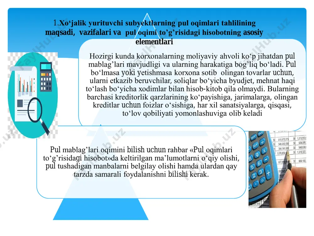 faoliyat turlari, shakli va davri bo’yicha o’rganish orqali xo’jalik yurituvchi subyektning pul mablag’larini ichki va tashqi omillarga bog’liq holdagi o’zgarishlarini retrospektiv va perspektiv tahlilini amalga oshirish orqali ularni maqsadli boshqarishni yo’lga qo’yishdan iborat. tahlil vazifalari: - pul oqimi to’g’risidagi hisobotni tasniflash, pul oqimini tarkib qatorlari bo’yicha o’rganish; - pul oqimini joriy tahlilini va istiqboldagi prognozlarini tashxislash; - pul oqimining sof kirimi va chiqimiga baho berish orqali biznes samaradorligiga baho berish; - pul oqimining moliyaviy holat va barqarorlikka ta‘sir darajasini, ular naqdligining likvidlik va to’lovga qobillikka ta‘sirini baholash; - operatsion va moliyaviy richaglar orqali pul oqimini moliyaviy koeffitsiyentlarda baholash; - pul oqimini taktik boshqarishning aniq chora-tadbirlarini belgilab berish va ularni amalga oshirish. pul mablag’laridan samarali foydalanishni tashkil etish ko’p jihatdan korxonalarda pul mablag’larining harakatini optimal boshqarishni tashkil etilganligiga va ular ustidan nazoratni yo’lga qo’yilganlik darajasiga bog’liq. biroq, ko’plab korxonalarda pul mablag’lari va pul ekvivalentlarini boshqarish va doimiy nazorat qilishdagi kamchiliklar tufayli …