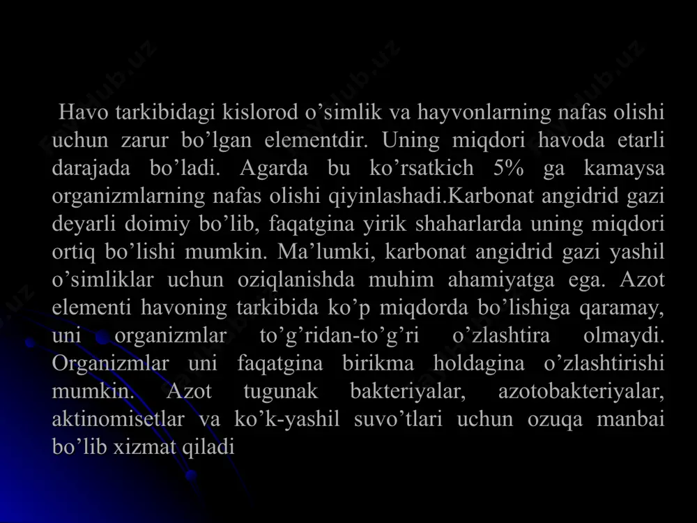 ida bir-biriga nisbatan turli xil munosabatda bo’lib ta’sir ko’rsatadi, ya’ni o’simlik, hayvon va mikroorganizmlar o’rtasidagi murakkab munosabatlar natijasida tuproqda gumus va mineral moddalar to’planadi.tuproqning ekologik omil sifatida o’simliklarga ta’siri haqida gapirganda avvalo shuni aytish kerakki, tuproq o’simlikni o’zida biriktiradi va uni ozuqa bilan ta’minlaydi, ya’ni o’simlik tuproqdan suv va unda erigan mineral moddalarni oladi. o’simlikka tuproqning xususiyatlari va kimyoviy tarkibi hamda mikroflorasi juda katta ta’sir qiladi. tuproqning kimyoviy xossalaridan biri uning kislotaliligi bo’lib, bu vodorod ionlar konsentrasiyasi bilan ifodalanadi. tuproqning kimyoviy tabiatiga (rn ga) qarab, asedofil (kislotali), neytrofil (neytral), bazofil (ishqoriy) o’simlik turlari yoki jamoalari ajratiladi. tuproqdagi o’simliklar uchun zarur bo’lgan kimyoviy elementlardan azot, fosfor, kaliy, kalьsiy, magniy, oltingugurt, temir kabi makroelementlar va mis, bor, rux, molibden kabi mikroelementlar muhim ekologik ahamiyatga ega. tuproq muhitida tarqalgan o’simlik, hayvonlar va ularning guruhlanishi tuproq suv, havo va turli organizmlarning birgalikdagi ta’siri natijasida tog’ jinslarining tabiiy holda o’zgargan tashqi qatlamidir. tuproqning muhit sifatida …