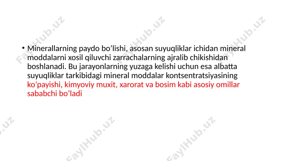 rangiga bog’liq bo’lmasdan, mineralning yuzasidan kaytgan nurning miqdoriga bog’liqdir. mineralning yuzasi kanchalik sillik va o’zidan qanchalik ko’p nurni qaytarsa, shunchalik kuchli yaltiraydi. minerallarning yaltirokligi xar xil bo’lib, ba’zilariniki masalan, kvarts, kal’tsit, angidrit, rogovaya obmanka, dala shpati va slyudaniki shishaning yaltirokligiga o’xshaydi. shaffoflik miqdori aniqlash to’shgan nurning chiqqan nurga nisbati. a) shaffof, v) shaffof emas, s) yarim shaffof solishtirma og’irligi - minerallar solishtirma og’irligiga qarab og’ir va yengil minerallarga bulinadi. solishtirma og’irligi 2,9 g/sm3 dan ortiq bo’lganlari og’ir minerallar bundan kam bo’lganlari yengil minerallarga kiradi. ko’pchilik bo’shoq cho’kindi tog’ jinslari yengil minerallardan tashkil topgan. og’ir minerallar magmatik tog’ jinslarida uchraydi qattiqligi – minerallarning qattiqligi ularni bir biridan ajratishda va fizikaviy xossalarini aniqlashda eng muxim belgilaridan biridir. minerallarning qattiqligi ularning qanday sharoitda xosil bo’lganligiga va ximiyaviy tarkibiga bog’liq. qattiqlik ikki mineralni bir-biriga ishqalab aniklanadi. minerallarning shu xususiyatiga qarab fredrix moos (1773-1839 y) tomonidan qattiqlik shkalasi tuzilgan. qattiqlik shkalasi bo’yicha minerallar: - 1. …