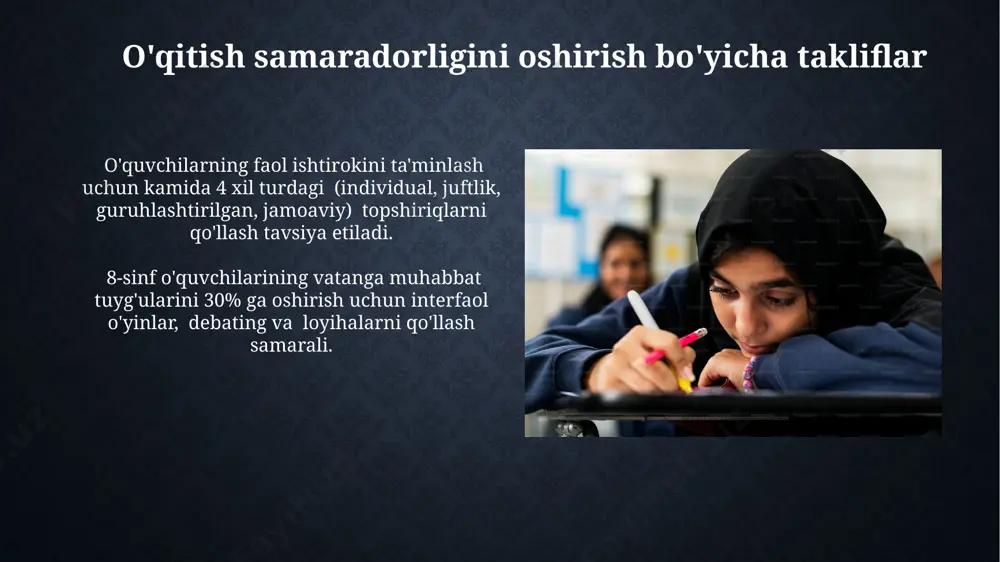 ingan holda, mavzu sodda va tushunarli tarzda tushuntirilishi zarur. masalan, 70% tushunish darajasini ta'minlash maqsadga muvofiq. o'quvchilarning mustaqil ishlarini tashkil etish "vatan himoyachisi" mavzusidagi mustaqil izlanishlarni rag‘batlantirish uchun o‘quvchilarga topik bo‘yicha kamida 10 ta qo‘shimcha manba (kitob, maqola, film) bilan tanishish va hisobot taqdim etish topshirig‘i berilishi mumkin. o‘quvchilarni 4-5 kishilik guruhlarga bo‘lib, har bir guruhga mavzu bo‘yicha 5 ta savol tayyorlash va bir-birlariga test shaklida topshirish vazifasini berish samarali bo‘ladi. amaliy mashg'ulotlar va loyihalarni tashkil etish o'quvchilarning faol ishtirokini ta'minlash uchun 2-3 bosqichli intellektual o'yinlar (masalan, "kim tez?", "topishmoqlar", viktorinalar) tashkil etib, to'g'ri javoblar uchun ballar berish va g'oliblarni taqdirlash mumkin. "vatan himoyachilari" haqida 5-7 kishidan iborat guruhlarga bo'lib, har bir guruhga tarixiy shaxslar, harbiy texnika yoki vatan himoyasi bilan bog'liq mavzularni o'rganish va taqdimot tayyorlash vazifasini berish mumkin. interfaol usullar va o'yin texnologiyalaridan foydalanish "vatan himoyachilari" mavzusiga oid 10 ta rasmli taqdimot va har bir rasmga oid 3 …