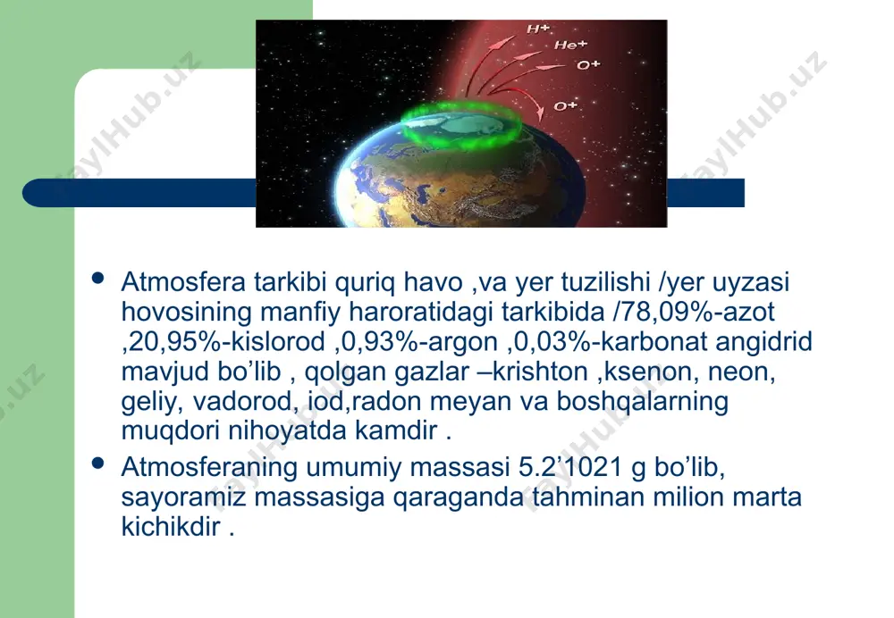 minan 200 km balandlikdan boshlab yer otrofida harakat qilishi munkin. atmosferaning ifloslanishi va uning sofligini tiklash. umuman olganda atmosferalarning ifloslanishini oldini olish va uning sofligini ta’minlash uchun turli uslubiy dasturlar ishlab chiqilgan .shulardan eng muhimi 2 ta usuldir : 1.atmosferaning maqbul holatini saqlash uchun sotsiyal –tabiy chora tatbirlar, sharoitlar vujudga keltirish :jumladan rejalashtirishni ko’klamzorlantirishni ilmiy ososda tashkil etish ,tabiy holatni saqlash va h.k . 2. tehnologik usullar :jmladan ,takror ishlab chiqaruvchi jarayonlarni tashkil qilish ,gaz,chang qrumalarini kimyoviy yo’l bilan tozalash ,zamonaviy asbob-uskunalar yaratish va ularni tatbiq etish ,yoqilg’i resurslarining ijobiy tomonlarini hisobga olish ,quyosh, shamol, dengiz oqimlari, to’lqinlar va suv qalqishlari energiyasidan foidalanish va h.k. lar …