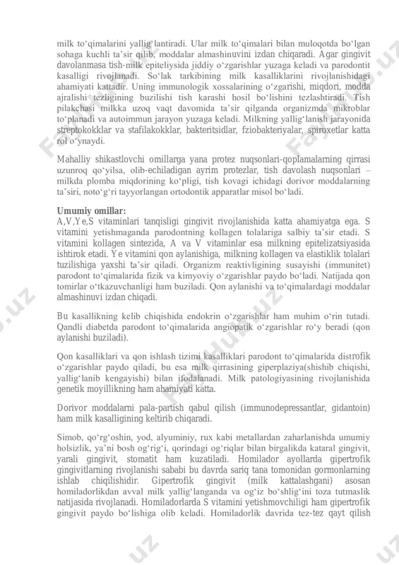 degan fikr yuritilar edi. jahon sog‘liqni saqlash tashkilotining yangi ma’lumotlariga ko‘ra bu kasalliklar dunyoning turli hududlaridagi 80 foiz bolalarda ham kuzatilar ekan. kasalliklarning rivojlanishiga ko‘p sonli omillar ta’sir qiladi: og‘iz bo‘shlig‘i gigiyenasiga amal qilmaslik, sifatsiz protezlar, tish-jag‘ nuqsonlari, ftor qo‘shilgan suvni ichish, uzoq vaqt parhez qilish, somatik(ichki) kasalliklar shular qatoriga kiradi. ko‘pchilik mualliflar paradontdagi o‘zgarishlar tish pilakchasidagi ko‘p sonli mikroorganizmlarning ta’sir ko‘rsatishi sababli rivojlanadi deb hisoblashadi. tish pilakchasi tish o‘qi bo‘ylab siljib, mikroorganizmlarning toksin (zahar)lari ta’sirida milk to‘qimalarini yallig‘lantiradi. ular milk to‘qimalari bilan muloqotda bo‘lgan sohaga kuchli ta’sir qilib, moddalar almashinuvini izdan chiqaradi. agar gingivit davolanmasa tish-milk epiteliysida jiddiy o‘zgarishlar yuzaga keladi va parodontit kasalligi rivojlanadi. so‘lak tarkibining milk kasalliklarini rivojlanishidagi ahamiyati kattadir. uning immunologik xossalarining o‘zgarishi, miqdori, modda ajralishi tezligining buzilishi tish karashi hosil bo‘lishini tezlashtiradi. tish pilakchasi milkka uzoq vaqt davomida ta’sir qilganda organizmda mikroblar to‘planadi va autoimmun jarayon yuzaga keladi. milkning yallig‘lanish jarayonida streptokokklar va stafilakokklar, bakteritsidlar, …