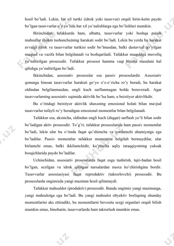 a faqat qo’shimcha va yordamchi ahamiyatga ega bo’ladilar. passiv momentlar tafakkur momentini belgilab bermaydilar, ular birlamchi emas, balki ikkilamchidir, ko’pincha aqliy taraqqiyotning yuksak bosqichlarida paydo bo’ladilar. uchinchidan, assosiativ prosesslarda faqat esga tushirish, tajri-badan hosil bo’lgan, sezilgan va idrok qilingan narsalardan nusxa ko’chirishgina bordir. tasavvurlar assosiasiyasi faqat reproduktiv (takrorlovchi) prosessdir. bu prosesslarda ongimizda yangi mazmun hosil qilinmaydi. tafakkur mahsuldor (produktiv) prosessdir. bunda ongimiz yangi mazmunga, yangi mahsulotga ega bo’ladi. bu yangi mahsulot obyektiv borliqning shunday momentlarini aks ettiradiki, bu momentlarni bevosita sezgi organlari orqali bilish mumkin emas, binobarin, tasavvurlarda ham takrorlash mumkin emas. eksperimental psixologiya ma’lumki, xix asr fizika, biologiya, fiziologiya, ximiya va boshqa tabiat fanlarning gurillab o’sishi bilan xarakterlanadi. fanda paydo bo’lgan eksperimental metodning keng qo’llanilishi fanning bunday o’sishiga yordam berdi. xviii asrning oxiri xix asrning boshlaridayoq psixologlar o’rtasida psixik hodisalarni o’rganiщda eksperimentni tadbiq qilish mumkin emasmikan degan masala maydonga chiqdi. bu masala bo’yicha filosof kant o’z fikrini aytdi. uning …