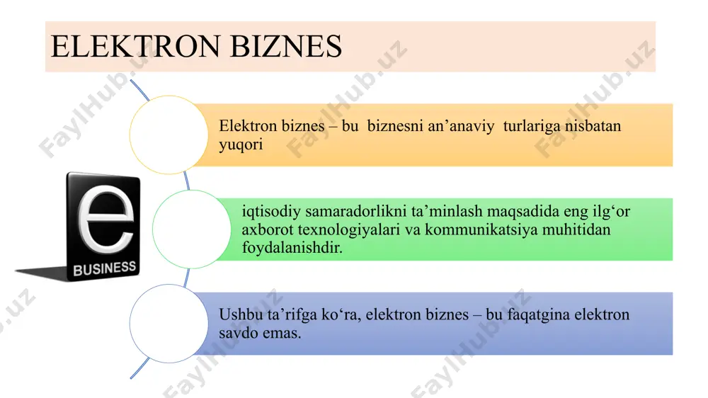 biznesning muhim xususiyatlari quyidagilardir: hozirgi raqamli dunyoda elektron biznesninga ahamiyati elektron biznesning rivojlanish xususiyatlari uchun quyidagi muhim mavzular mumkin: 1. tariflardagi osonlik: elektron biznes orqali sotish va xizmatlar vaqti va zaxiralarni pasaytiradi. foydalanuvchilar xodimlardan bo‘sh vaqtni tejashadi, juda ishonchli va oson platformalarga kirishlari mumkin. 2. sotuv va marketing qo‘llanmalari: internet tarmog‘i o‘tish bilan, tovarlar va xizmatlar haqida ma’lumotlar oson va tez yig‘iladi va ularga erkinlik bilan kirish mumkin. shu bilan birga elektron biznesning reklama qilish va markani tarqatish uchun qo‘llanishini kengaytirish mumkin. 3. tashqi bozorlarga kirish: elektron biznes ularga kirishni kengaytiradi, chunki sonli resurslar va chegaralar yo‘q, birinchi bo‘lib, mahalliy qonuniy – iqtisodiy hisobga keng tushadi. bu yuzdan, bir xil vaqtda bir necha bozorlarga kirishingiz mumkin va takliflarini kengaytirishingiz uchun qo‘llanishi oson. elektron biznesni o‘rganish va ishlashga tayyorlash ilmiy tadqiqotlar va kombinativ o‘quv usullari yordamida amalga oshirilishi mumkin. bu sohada yuqori malakali tajribali mutaxassislarni jalb etish va innovatsion xalqaro kompaniyalar …