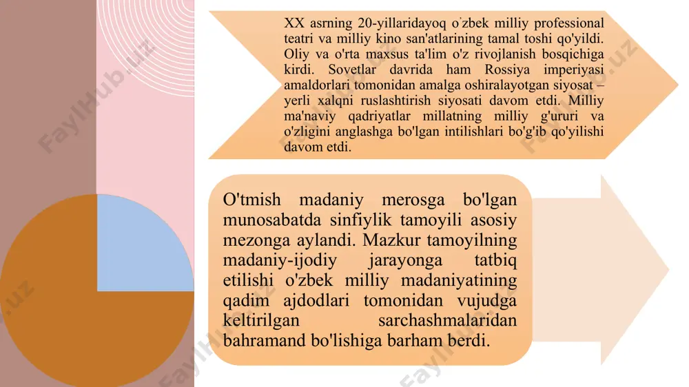 nosirov (teatr) kabilar yetishib chiqdilar. xx asrning 30-yillari o'zbek fanining jadal rivoj topayotgan davrlaridan bin hisoblanadi. bu davrda mashhur geolog olimlardan x.m.abdullayev, g.a.mavlonov, matematiklardan t.n.qori niyozov, t.a.sarimsoqov, biolog olimlardan t.x.zohidov. d.k.saidov, a.m.muzaffarov, a.to'laganov, kimyogarlardan o.s.sodiqov, a.s.sattorov, m.yunusov, x.u.usmonov k.s.ahmedov, energetiklardan x.f.fozilov, g.r.rahimov, faylasuflardan i.m.mo'minov, arxeologlardan ya.g'.g'ulomov kabilar yetishib chiqdilar. bu davrning eng buyuk muvaffaqiyatlaridan biri – televideniyening vatani toshkent bo'lib qolganligidir. 1928-yili o'zbekistonlik v.p.grabovskiy va i.f.belyanskiylar elektron nur yordamida harakatdagi tasvirni bir joydan ikkinchi joyga uzatadigan va qabul qilingan «radiotelefon» yaratdilar. xullas, xx asrning 30-yillarida ro'y bergan murakkab ijtimoiy-siyosiy va iqtisodiy jarayonlar respublika madaniy hayotiga jiddiy ta'sir ko'rsatdi. ayniqsa, ma'naviy hayot sohasidagi qatag'onlar milliy madaniyat taraqqiyotiga salbiy ta'sir ko'rsatdi. ii-jahon urushi yillari adabiyot va san'atdagi asosiy mavzu – insonparvarlik g'oyalarining yanada kuchaytirilishi cdi. chunki fashizm butun insoniyat va uning tomonidan yaratilgan barcha madaniy merosni yo'q qiluvchi ofat hisoblanardi. shu sababli urush yillarida yaratilgan barcha madaniy boyliklar insoniylik g'oyalariga yo'g'rilgan edi. …