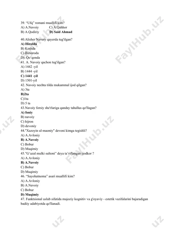 sdi». "u ota diydoridan, ota mehridan, yor-birodarlar davrasidan olisda, chaqirsa ovoz yetadigan joyda quvg'in bo'lib olamdan o'tgan edi". a)a'zamjon b)ikromjon c)tursunboy d) ilyosjon 62.hujjatlar tegishligiga ko‘ra qanday turlarga bo‘linadi? a)ichki va tashqi hujjatlar b)xizmat va shaxsiy hujjatlar c)rasmiy va norasmiy hujjatlar d) sodda va murakkab 63.muayyan muassasa yoki mansabdor shaxs nomiga biror iltimos, taklif yoki shikoyat mazmunida yoziladigan rasmiy hujjat ....... a)ariza b)tarjimayi hol c)ma'lumotnoma d) tavsifnoma 64. “istanbul fojeasi” asari muallifi kim? a.erkin vohidov b)abdulla oripov c) abdulla avloniy d) g‘afur g‘ulom 65.hujjatlar qaysi uslubda yoziladi? a) badiiy va so‘zlashuv b)rasmiy c)ilmiy va badiiy d) ilmiy 66.ma’lum qolipga solinganlik qaysi uslubga xos? a) badiiy va so‘zlashuv b)rasmiy c)ilmiy va badiiy d) ilmiy 67.said ahmadning "ufq" romani necha qismdan iborat? a) 2 b) 3 c) 4 d) 1 68.”janjalchilik zarari” hikoyasi muallifi kim? a) abdulla avloniy b) abdulla qodiriy c) said ahmad d) g‘fur g‘ulom 69.agar hujjat muayyan muassasaning o'zida …