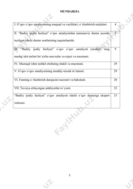 tayyorlash ”ilk qadam” davlat o`quv dasturi asosida tashkil etilgan qurish konstruktorlash va matematika markazi uchun turli yosh guruhlarga, mavzularga doir ko`rgazmalar tayyorlash. 6 а 4 10 syujetli rolli o`yinlar va drammalashtirish markazi uchun ko`rgazmalar tayyorlash ”ilk qadam” davlat o`quv dasturi asosida tashkil etilgan syujetli rolli o`yinlar va drammalashtirish markazi uchun turli yosh guruhlarga, mavzularga doir ko`rgazmalar (niqoblar, barmoq teatri, pahmoq tetra, stol teatri, soya teatri va qo`g`irchoq qo`lqop teatri uchun qahramonlar) tayyorlash. 12 а 4 11 til va nutq markazi uchun ko`rgazmalar tayyorlash ”ilk qadam” davlat o`quv dasturi asosida tashkil etilgan til va nutq markazi uchun turli yosh guruhlarga, mavzularga doir ko`rgazmalar tayyorlash. 6 а 4 12 ilm fan va tabiat markazi uchun ko`rgazmalar tayyorlash ”ilk qadam” davlat o`quv dasturi asosida tashkil etilgan ilm fan va tabiat markazi uchun turli yosh guruhlarga, mavzularga doir ko`rgazmalar tayyorlash 6 а 3 13 tabiiy va tashlandiq materiallardan ijodiy ishlar bajarish tabiat materiallaridan danaklar, …