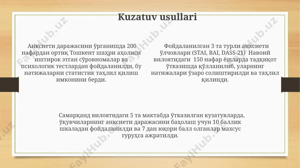 eri o'tkazuvchanligi) o'lchash uchun 50 nafar farg'ona viloyati aholisidan iborat guruhda biofeedback uskunasi yordamida 30 daqiqalik eksperiment o'tkazildi va ma'lumotlar qayd etildi. natijalar va muhokama toshkent shahridagi eksperimental guruh (n=50) bilan nazorat guruhi (n=50) orasida o'tkazilgan statistika tahlili natijalari p<0.05 darajasida sezilarli farqni ko'rsatdi. samarqanddagi 100 nafar talaba orasida o'tkazilgan so'rovnoma natijalari shuni ko'rsatdiki, 75%ida testda yuqori darajadagi tashvish belgilari aniqlangan. qashqadaryo viloyatida 250 ishtirokchi bilan olib borilgan tadqiqotda, spss dasturi yordamida qayta ishlangan ma'lumotlarga ko'ra, stress darajasi bilan tashvish darajasi orasida kuchli korrelyatsiya aniqlandi (r=0.8). ma'lumotlarni tahlil qilish usullari tashvish darajasini o'lchashda ishlatilgan stai shkalasi bo'yicha olingan ma'lumotlarni 5 ball shkalasi bo'yicha guruhlash va frekventsiya tahlili yordamida samarqand viloyati aholisi orasida taqqoslash amalga oshirildi. surveydan olingan 250 ta javobni analiz qilish uchun r dasturi va uning "ggplot2" kutubxonasi yordamida grafiklar tuzish va grafiklarni taqqoslash orqali xulosa chiqarildi. o'zbekiston aholisi orasida o'tkazilgan 1000 kishilik namunaviy tadqiqot natijalarini spss dasturi yordamida …