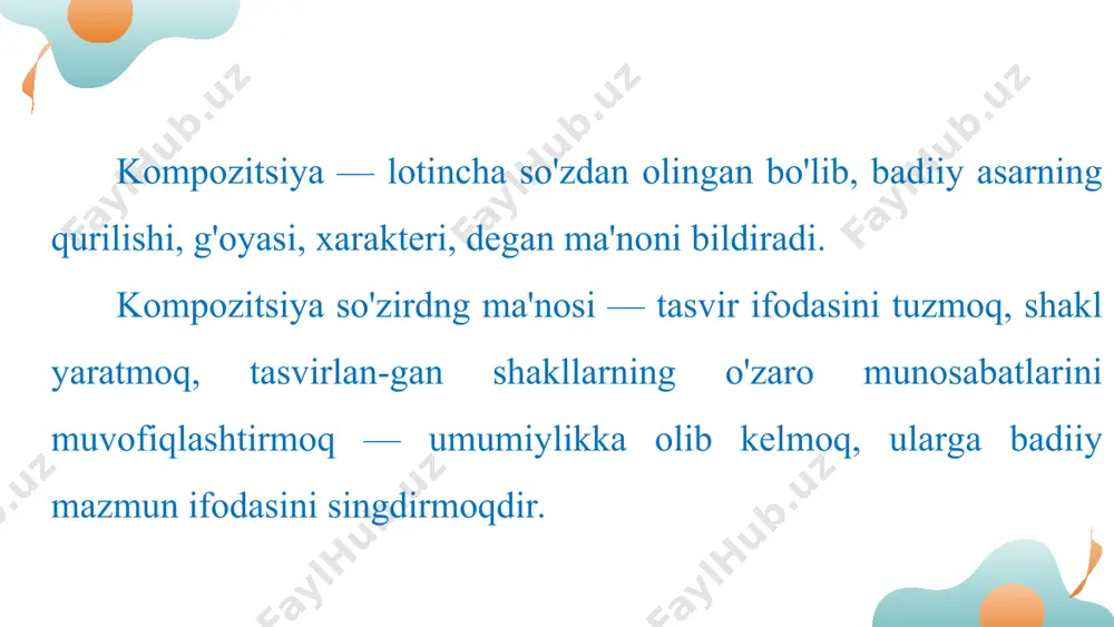 chik eskiz variantlarini chizing. xomaki eskiz variantlari orasidan eng ma'qui bo'lganini, rasm daftar varag'iga ishlang. xomaki eskiz variantlari orasidan tanlangan 2 figurali mavzuli kompozitsiya. takrorlash uchun savollar: kompozitsiya so'zining lug'aviy ma'nosini ayting. tasviriy san'atda kompozitsiyaning necha turi qo'llaniladi? kompozitsiyaning mazkur turlari qanday qoidalarni o'z ichiga oladi? tasviriy san'atda kompozitsiyaning necha yo'nalishi mavjud?