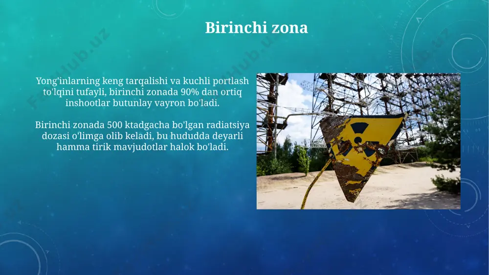 darajasi kuzatiladi va qolganlar jiddiy nurlanish kasalliklariga duchor bo'ladi. uchinchi zonada tuproq va suvning radioaktiv ifloslanishi 10 yildan ortiq davom etishi mumkin, bu esa qishloq xo'jaligiga jiddiy zarar yetkazadi. yadro portlashi omillari termal nurlanish, portlashdan keyin bir necha soniya ichida, yuqori haroratli plazma hosil qilib, bir necha kilometr masofadagi narsalarni darhol yoqib yuborishi mumkin, bu esa katta yonish zonalariga olib keladi. yadro portlashi kuchining miqdori kilotonnalar yoki megatonnalarda o'lchanadi, bu esa portlashning halokatli kuchi va ta'sir zonasining radiusini aniqlaydi, odatda 1-100 megaton oralig'ida. e'tiboringiz uchun rahmat @taqdimot_robot image3.png image4.jpg image5.jpg image6.jpg image7.jpg image8.jpg image9.jpg image10.jpg image11.jpg image12.jpg image13.jpg image14.jpg image15.jpg image16.jpg image17.jpg image18.jpg image19.jpg image20.jpg