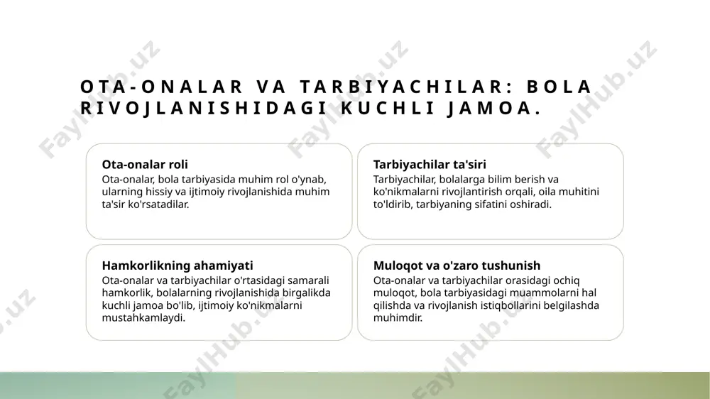 amli texnologiyalar raqamli texnologiyalar yordamida oilaviy ta'lim jarayonini qo'llab-quvvatlash, ota-onalar va tarbiyachilar o'rtasida ma'lumot almashishni osonlashtiradi. jamiyat va mtt: bola tarbiyasidagi muhim hamkorlik. jamiyat va mtt hamkorligi jamiyat va mtt (maktabgacha ta'lim tashkiloti) o'rtasidagi hamkorlik bola tarbiyasida muhim ahamiyatga ega. ular bolalarning ijtimoiy va hissiy rivojlanishida o'zaro ta'sir qiladi. resurslar va imkoniyatlar jamiyat va mtt birgalikda resurslar va imkoniyatlarni yaratish orqali bolalarga sifatli ta'lim va tarbiya taqdim etadi. bu, bolalarning o'qish qobiliyatini oshiradi. ijtimoiy dasturlar ijtimoiy dasturlar orqali jamiyat va mtt bola tarbiyasini yanada mustahkamlashadi. ushbu dasturlar bolalarda ijtimoiy ko'nikmalarni rivojlantirishga yordam beradi. oila va jamiyat: tarbiyada birgalikdagi mas'uliyatlar. 1 oila va jamiyat oila va jamiyat o'rtasidagi hamkorlik bola tarbiyasida muhim ahamiyatga ega. ular birgalikda bola rivojlanishini ta'minlaydilar. 2 birgalikdagi mas'uliyat oila va jamiyat, bola tarbiyasida mas'uliyatni bo'lishish orqali, tarbiyaviy muhitni yaxshilash va bolalarning ijtimoiy ko'nikmalarini rivojlantiradilar. 3 ta'lim jarayoni ta'lim jarayonida oilaning va jamiyatning rollari bir-birini to'ldiradi. ota-onalar va …