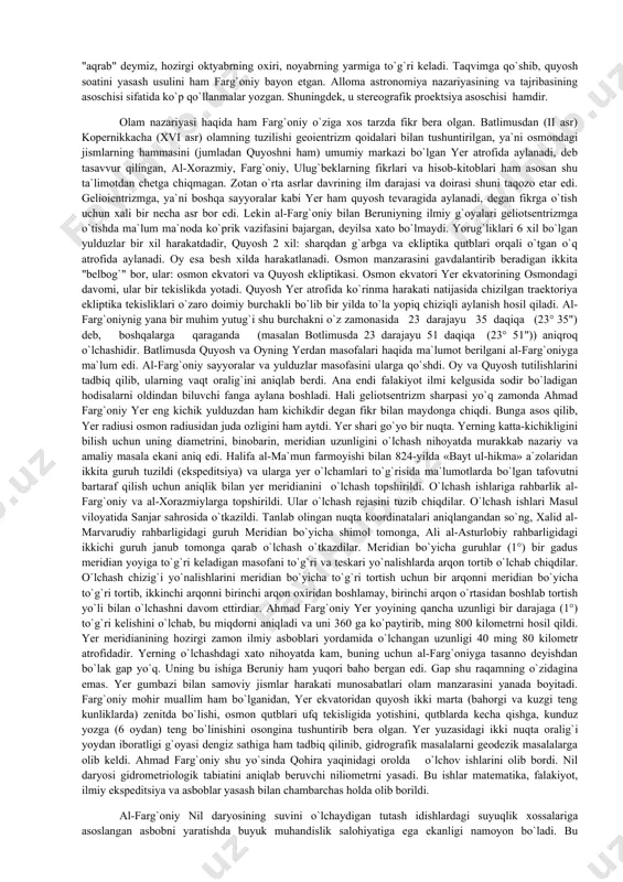 yunon olimi batlimusning ”al-majistiy” asaridagi barcha ma`lumotlarni tekshirishga qaratilgan edi. bundan tashqari braxmaguptaning “braxma-suxutasiddaxanta siddajaita"si, forslarning "ziji ayuhiy"si asosida qayta ilmiy kuzatishlar olib bordilar. o`sha davrlarda amaliy astronomiya va geodeziyaning talablari ham shuni taqozo qilardi. chunki busiz vaqtni aniq bilishning, taqvimlar tuzishning, hamda shaharlar orasidagi masofalarni aniq chamalashning imkoni yo`q edi. shunday qilib, halifalik hududida astranomiya sohasidagi yangi davr-keng ilmiy asosdagi astranomik kuzatishlar, astranomik jadvallar tuzish, yangilik izlash davri boshlandi. bu ishlarda farg`oniy va uning vatandoshlari faollik ko`rsatdi. "bayt ul-hikma"da o`sha davrning yirik kutubxonasi mavjud edi. unga xorazmiy rahbarik qilar edi. kutubxonada 400 ming jild hind, yunon, forsiy, tillarda yozilgan qo`lyozma kitoblar saqlanadi. al-xorazmiy o`sha kitoblardan foydalanib "ziji-al xorazmiy" nomli asarini yozgan, al-ma`mun davrida bu "bilim uyi"ga maxsus xizmatchilar ajratiladi. kutubxonaga vizantiyadan yunon qo`lyozmalari keltiriladi. bag`dod u davrlarda ilmiy tarjima ishlarining markazi bo`lib qoladi. tarjima ishlarida o`rta osiyolik olimlardan farg`oniy, xorazmiy, abbos ibn said al-javhariy, ahmad ibn abdulloh al-marvaziy ham …