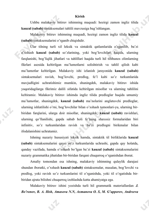 tika jihatidan bir-biridan farqani chuqurroq o’rganishdan iborat. amaliy tomondan esa ishning, malakaviy ishimning qulaylik darajasi shundan iboratki, o’xshash kauzal (sabab) sintaksemalar, masalan, bog’lovchi va predlog, yoki ravish so’z turkumlarini til o’rganishda, yoki til o’rgatishda bir-biridan ajrata bilishni chuqurroq izohlashda katta ahamiyatga ega. malakaviy bitiruv ishini yozishda turli hil grammatik materiallardan j. bo’ronov, b. a. ilish, amasova n.n, axmanova o. s, m. g’apporov, andreeva k. a, t. dadaboeva, buslaev f. i, a. s. hornby, k. n. kachalova kabi olimlarning fikridan, ilmiy ishlaridan foydalanamiz. predlog (preposition). ingliz tilida predlog yordamchi so’z turkumlaridan biri hisoblanib, u o’zicha yakka holda ma’no anglatmaydi, gapda gap bo’lagi bo’la olmaydi. predloglar mustaqil so’z va ayrim gaplar orasidagi munosabatni anglatishga xizmat qiladi, so’zga va gapga, gapning mazmuniga turli qo’shimcha ma’nolar qo’shadi. ularning ma’nosi nutqda anglashiladi. predloglar bir predmetning ikkinchi bir predmetga yoki hodisaga bo’lgan aloqasini bildiruvchi yordamchi so’z turkumidir. predloglar ot, olmosh, otlashgan sifatlar, sonlar va gerundiylar o’rtasidagi …