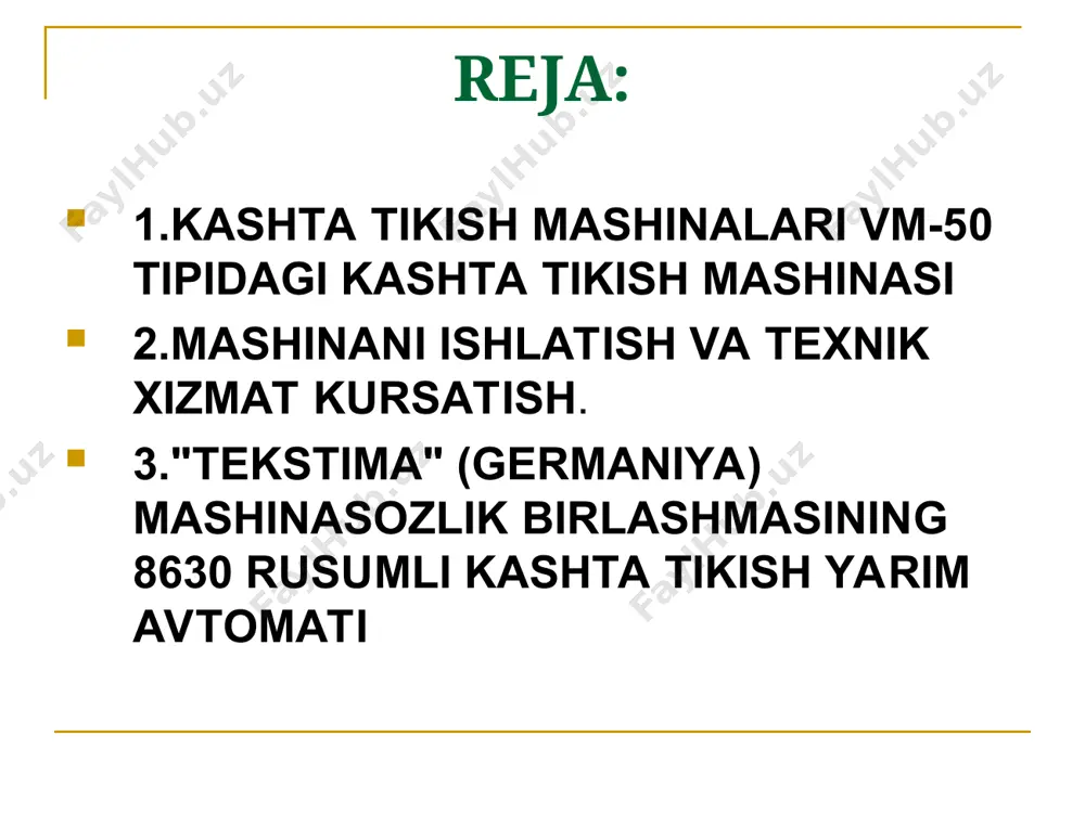 o`rnatilib, vint 16 bushatiladi va igna tutgich 17 igna yuritgich 28 ga mahkamlanadi. aylantirgich 4 ni o`rnatish uchun dasta 24 pastga tortiladi va maxovik 21 ni burab igna va kapsul yuqoriga ko`tariladi. keyin vint 16 bushatilib, tepki 9 mufta 10 bilan birgalikda olinadi. plastina 25 ishchi tomonga surilib halqasimon plastina 6 chiqariladi va vint 1 ni bushatib plastina 2 siljitiladi. vm-50 mashinasining ba`zi detallarini almashtirib, turli ko`rinishda bahyaqatorlarni hosil qilish mumkin (4-rasm). "tekstima" (germaniya) mashinasozlik birlashmasining 8630 rusumli kashta tikish yarim avtomati to`rtta tikuv mashinasidan iborat bu yarimavtomat ayollar va bolalar ichki kiyimlariga, erkaklar kuylaklariga va boshqa buyumlarga ikki ipli moki bahyasi bilan tikishga mo`ljallangan. bosh valining aylanishlar soni 300 ayl/min, to`g`ri yo`nalishda bahya yirikligi 0,1 dan 4 mm gacha, diagonal bo`yicha bahyaning maksimal uzunligi 5,64 mm. tikuv mashinalari orasidagi masofa 450 mm. kashta tikish yarimavtomatida to`rtta tikuv mashinasi 5 va 3 lar o`rnatilgan bo`lib, ular bir vaqtning uzida to`rtta …