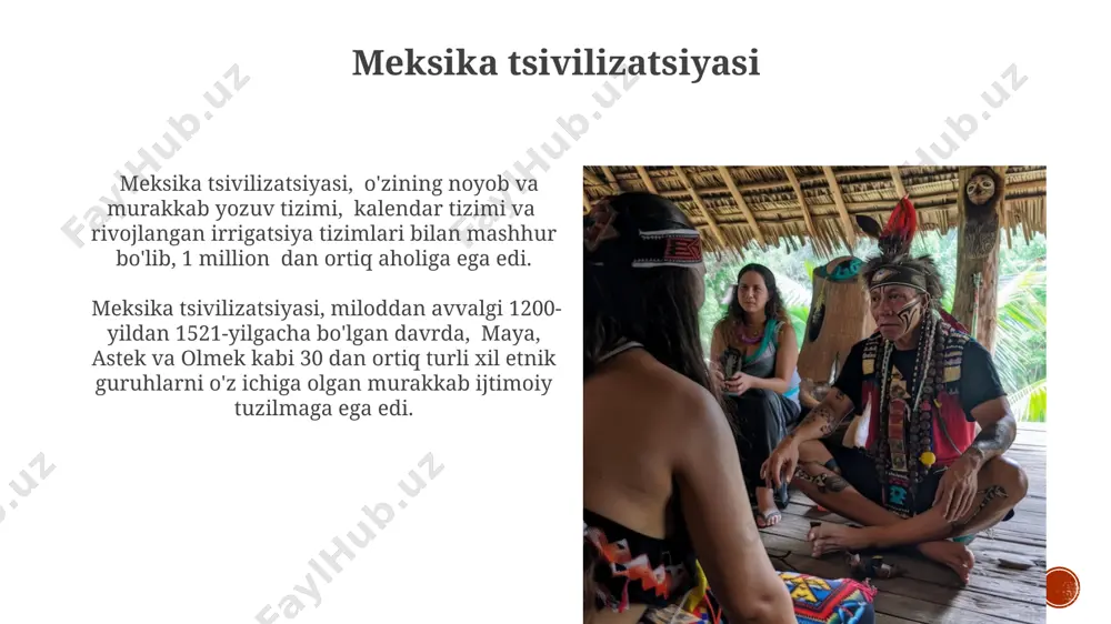 darajadagi qishloq xo'jaligi texnologiyalari bilan mashhur edi, terracing texnikasi yordamida baland tog'li hududlarda ham hosil olishga erishgan. inklar imperiyasi 12 million kishini o'z ichiga olgan bo'lib, and tog'lari bo'ylab 2500 kilometrdan ortiq hududni nazorat qilgan. tub aholi tillari va yozuvi andlar tog'larida yashovchi tub aholi o'zlarining qadimiy yozuv tizimlarini, masalan, kipu (rang-barang iplar bilan bog'langan tugunlar) yordamida ma'lumotlarni saqlash va uzatishda foydalanganlar. inklar imperiyasi davrida kechua tili rasmiy davlat tiliga aylandi va keng tarqaldi, natijada 10 milliondan ortiq kishi bu tilda so'zlashgan. patagoniya xalqlari patagoniya aholisi anʼanaviy ravishda 5000 yildan ortiq vaqt davomida choʻponchilik va ovchilik bilan shugʻullanib kelgan, bu ularning madaniyatida chuqur iz qoldirgan. patagoniya xalqlarining 20 dan ortiq turli tillari va lahjalari mavjud boʻlib, ularning aksariyati mapuche tillar oilasiga mansub hisoblanadi. e'tiboringiz uchun rahmat @taqdimot_robot image4.jpg image5.jpg image6.jpg image7.jpg image8.jpg image9.jpg image10.jpg image11.jpg image12.jpg image13.jpg image14.jpg image15.jpg image16.jpg image17.jpg image18.jpg image19.jpg image20.jpg image1.png image2.png image3.png