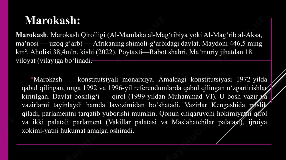 ан с именем художника марка шагала. сегодня мы отправимся на экскурсию из нашей школы в витебск сквозь расстояния и время... * iqtisodiyoti qishloq xoʻjaligi — marokash iqtisodiyotining negizi. ekiladigan yerlar 7,5 mln. gektardan ortiq, bu yerlarning koʻp qismiga donli ekinlar ekiladi. iqtisodiy faol aholining 50% qishloq xoʻjaligida band. yalpi ichki mahsulotning 1/5 va eksportning 1/3 qismini q.h. taʼminlaydi. dehqonchilik mahsulotining yarmidan koʻprogʻini donli ekinlar beradi. * mayda falloh xoʻjaliklari bilan bir katorda yirik mexanizatsiyalashgan serdaromad hoʻjaliklar ham mavjud. chorvachilikda qoramol, qoʻy, echki, tuya boqiladi. baliqchilik va parrandachilik rivojlangan. oʻrmonlarda poʻkakli dub qobigʻi va evkalipt yogʻochi, palma bargi tayyorlanadi. bugʻdoy, arpa, makkajoʻxori, oq joʻxori, tariq va sholidan yaxshi hosil olinadi. kartoshka, qand lavlagi, pomidor, paxta, dukkaklilar ham yetishtiriladi; tokzorlar, zaytunzorlar, sitruszorlar koʻp. jami yer fondining 28% (12,5 mln.ga)ni yaylov va oʻtloklar, 12% ni oʻrmon va butazorlar tashkil etadi. barcha haydaladigan yerlarning 95% mamlakat shimolida joylashgan * sanoati marokashning ishlab chiqarish sanoatida …