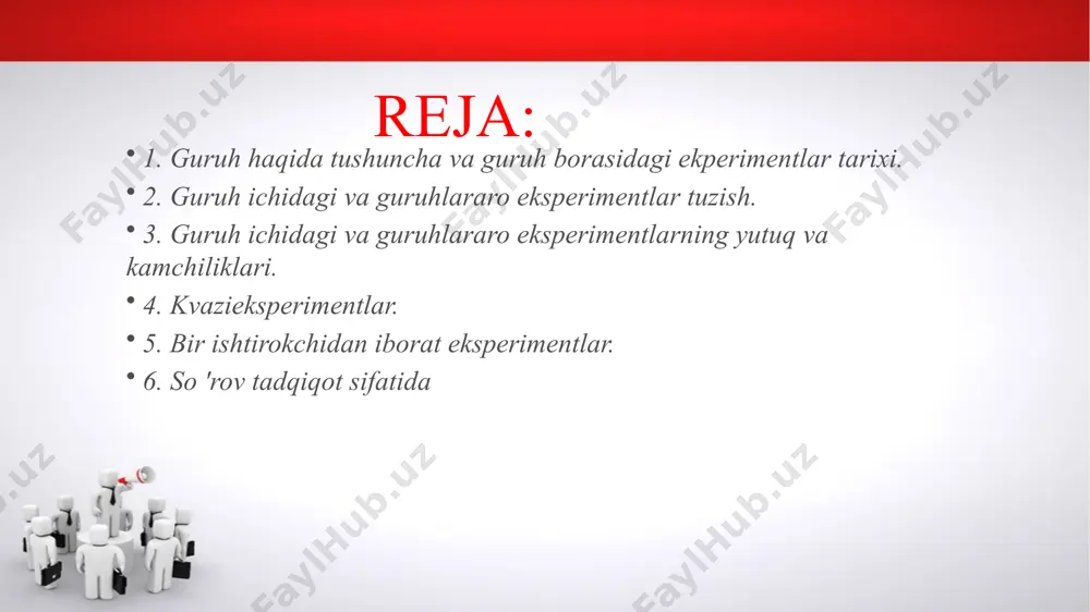 di. bu eksperimentda ikki turli xil guruhlar, ishtirokchilar farqi yoki ikkinchi tur eksperimentda ya'ni guruh ichidagi eksperiment rejasida (within - subjects design) bir guruhdagi ishtirokchilar o'rganiladi. guruhlararo eksperimentda guruh a'zolari mustaqillik darajasi teng bo'ladi. ba'zi eksperimentlarda mantiqiy imkoniyatlar yyetarli bo'lmaydi, bo'lsa ham unda rejani tuzish qiyin bo'ladi. nihoyat reja qiyin bo'lgan taqdirda ham to'liq natija olmaymiz. lekin guruhlararo eksperimentlarda bunday emas. shuning uchun, bir - birini yaxshi tanimaydigan odamlarni turli xil yo'llar bilan guruhlarga bo'lishimiz lozim. masalan, tanga tashlab, qog'ozga guruh nomini yozing, turli o'yin orqali va hakozo. bunday jarayonda guruh a'zolarini bir - birini ta'nimasligi yoki bir - birini haddan ortiq yaxshi bilishi eksperiment uchun katta kamchilikdir. bu guruhlarda bo'linishlar ko'p bo'ladi. guruh ichidagi va guruhlararo eksperimentlarning yutuq va kamchiliklari guruh ichidagi eksperimentning eng katta kamchiligi ishtirokchilarni o'zgaruvchanligidir. ya'ni ular endi mustaqillikga erishganida ma'lum sabablar orqali yana avvalgi holatiga tushishlari mumkin. bu jarayon ketma - ketlik effekti deb nomlangan. …