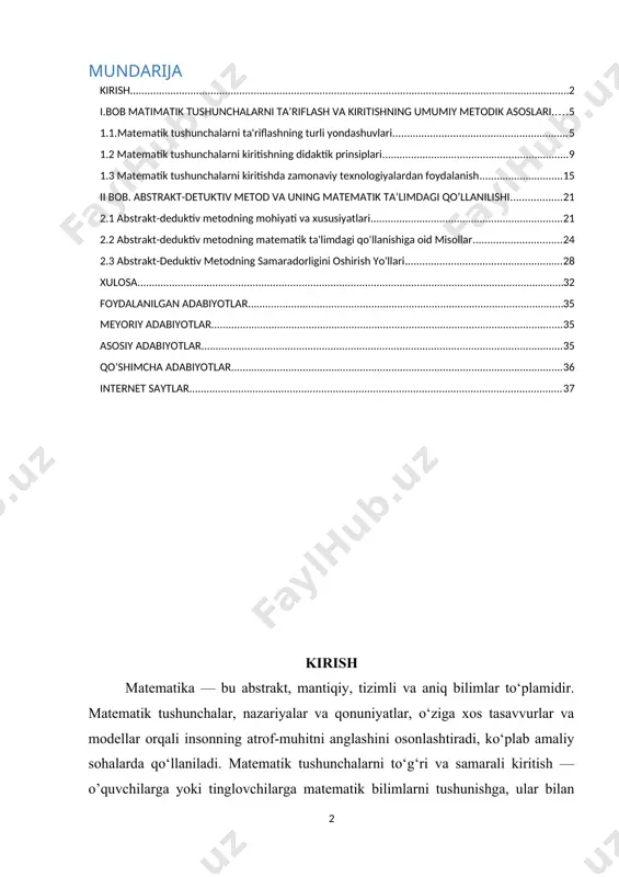 da qaraladi. ushbu metodika matematikaning o‘ziga xos mantiqiy tuzilishini va uning naqshlarini tushuntirishda yordam beradigan turli xil yondashuvlarni o‘z ichiga oladi. abstrakt-deduktiv metod, o'quv jarayonini yanada tizimli va mantiqiy qilish orqali, o’quvchilarning matematik tushunchalarni o'zlashtirishini yaxshilashga yordam beradi. kurs ishi ushbu metodning samaradorligini amaliy misollarda ko'rsatib beradi va uning afzalliklarini boshqa metodlardan farqlashga harakat qiladi. * o’quvchilarning kognitiv rivojlanishini qo'llab-quvvatlash: abstrakt-deduktiv metod o’quvchilarning abstrakt fikrlash, umumlashtirish va mantiqiy xulosa chiqarish qobiliyatlarini rivojlantirishga yordam beradi. kurs ishi ushbu metodning o’quvchilarning kognitiv rivojlanishiga ta'sirini o'rganishga qaratilgan. * ilmiy tadqiqotlarning rivojlanishi.abstrakt-deduktiv metodning chuqur o'rganilishi va amaliy qo'llanilishi ushbu sohada muhim hissa qo'shishi mumkin. kurs ishi mavzu bo'yicha mavjud ilmiy adabiyotlarni tahlil qiladi va yangi tadqiqotlar uchun asos yaratadi. * o’qituvchilarning malakasini oshirish: zamonaviy o’qituvchilar o'z faoliyatlarida turli o'qitish metodlari, jumladan, abstrakt-deduktiv metodning qo'llanilishini bilishlari kerak. kurs ishi o’qituvchilarga ushbu metodni samarali qo'llash bo'yicha amaliy tavsiyalar beradi va ularning malakasini oshirishga yordam beradi. matematik …