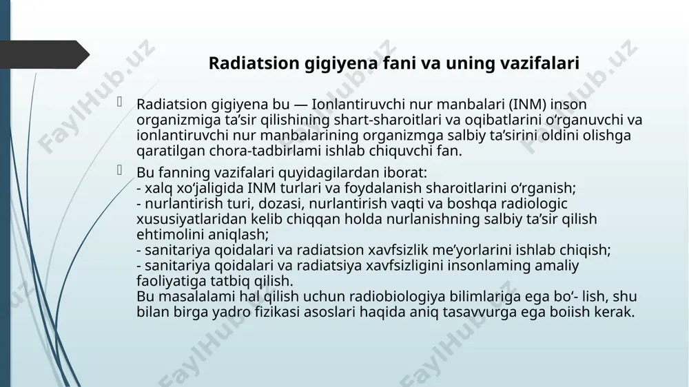 irlik- grey (gr) hisoblanadi. sistemadan tashqari – rad hisoblanadi. odam organizmiga ta’sir ko‘rsatadigan umumiy radiatsion fonning gigiyenik ahamiyati insonning ionlantiruvchi nurlanishlar bilan nurlanishi ehtimoli va darajasi nafaqat in manbalari bilan kasbiy aloqadorlikka, balki atrof muhit radioaktivligi darajasiga ham bog‘liq bo‘ladi. butun aholining nurlanishi 3 ta asosiy omillarga: tabiiy radiatsion fon, tibbiy muolajalar va atrof muhitning radioaktiv ifloslanishiga bog‘liq bo‘ladi. radiatsion fon quyidagilarga bo‘linadi: - tabiiy radiatsion fon (trf); - texnologik o‘zgargan radiatsion fon (to‘rf); - sun’iy radiatsion fon (srf). tabiiy radiatsion fon yer qobig‘iga bogiiq bo‘lmagan ionlantiruvchi nurlardan (kosmik nurlanish) va yer qobig‘iga bog‘liq boigan manbalardan tashkil topadi. birlamchi kosmik nurlar - protonlardan (92%), alfa zarrachalari (7%) va zaryadi 10 dan ortiq bo‘lgan atom yadrolaridan iborat. kosmik nurlanishlar galaktika tumanlaridan va quyosh sathida sodir boiadigan termoyadro reaksiyalaridan hosil bo‘ladi. ikkilamchi kosmik nurlanishlar - kosmik nurlar yer yuzasiga yetib kelishi jarayonida atmosfera havosi tarkibidagi atomlar va boshqa kimyoviy elementlar bilan reaksiyaga …