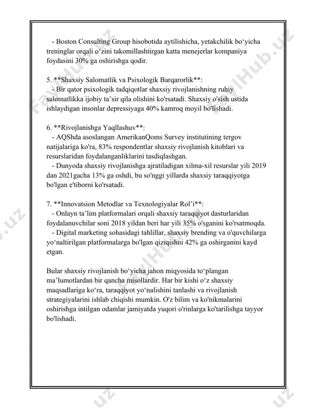 oq ko'rsata olishlari mumkin. 10. **motivatsiya**: shaxsning harakatlarini yo'naltiruvchi ichki yoki tashqi turtki. motivatsiya darajasi yuqori bo'lgan shaxslar o'z maqsadlariga erishish uchun yanada kuchliroq harakat qila oladilar. shaxsning o'ziga xos xususiyatlari haqida to'liqroq tushunchaga ega bo'lish uchun, ba'zi psixologik asarlar va tadqiqotlar ushbu xususiyatlarni o'lchash uchun testlar va baholash vositalarini taklif qiladilar. bular orasida mbti (myers-briggs type indicator), big five personality traits (katta beshlik), disc profiling tizimi va boshqalar kiradi. har bir metodologiya shaxslarni turli nuqtai nazarlardan tahlil qilish va ularning xususiyatlarini aniqlashga yordam beradi. ushbu shaxsiy xususiyatlarning barchasi insonning hayotiga, faoliyat turiga va ijtimoiy munosabatlariga sezilarli darajada ta'sir ko'rsatadi. to'g'ri tushunchaga ega bo'lish, odamlar bilan muvofiqlikni oshirish, jamoaviy ishlarda muvaffaqiyat qozonishga yordam beradi. 3. shaxs va jamiyat "shaxs va jamiyat" mavzusi jamiyatdagi insonning roli, uning huquq va majburiyatlari hamda o'zaro munosabatlari haqida fikr yuritadi. ushbu mavzu inson va jamiyat o'rtasidagi munosabatlarni, shuningdek, ularga ta'sir qiluvchi omillarni tahlil qiladi. shaxs …