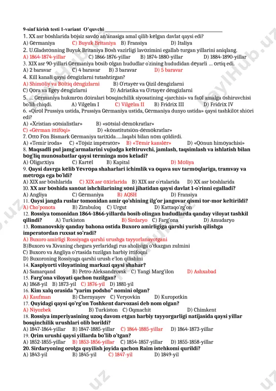 ngan birinchi vakili? a) veryovkin b) skobolev c) a.abramov d) p.lessar 13. kaufman qayerda amir muzaffar bilan buxoro amirligining rossiya imperiyasining protektoratiga aylantirgan shartnomani imzoladi? a) toshkent b) samarqand c) buxoro d) xo'jand 14. « turkiston o'lkasi boshqa o'lklarga nisbatan tarixiy o'tmishi, etnografik xususiyatlarini hisobga olgan holda alohida e'tabor berilishini talab qiladi» ushbu so'zlar kimga tegishli? a) k.palen b) s.m. duxovskoy c) k.p.kaufman d) f.girs 15. «turkiston viloyatini idora qilish tog'risida»gi muvaqqat nizomga ko'ra boshqaruv kimlar qo'liga o'tadi? a) amaldorlar b) mahalliy aholi c) harbiy zobitlar d) ziyolilar 16. aleksandr iiii tomonidan yangi «turkiston o'lkasmi idora qilish to'g'risidagi nizom» qachon tasdiqlangan? a) 1865-yil 6-avgust b) 1886-yil 12-iyul c) 1867-yil 28-avgust d) 1865-yil 12-avgust 17. f.romanovskiy qanday bahona ostida buxoro amirligiga qarshi yurish qilishga imperatordan ruxsat so'raydi? a) buxoro amirligi rossiyaga qarshi urushga tayyorlanayotgani b) buxoro rossiya chegaralari yaqinida harbiy istehkom qurayotganligi c) buxoro amirligi rossiya zobitlarini qatl qilganligi d) buxoro …
