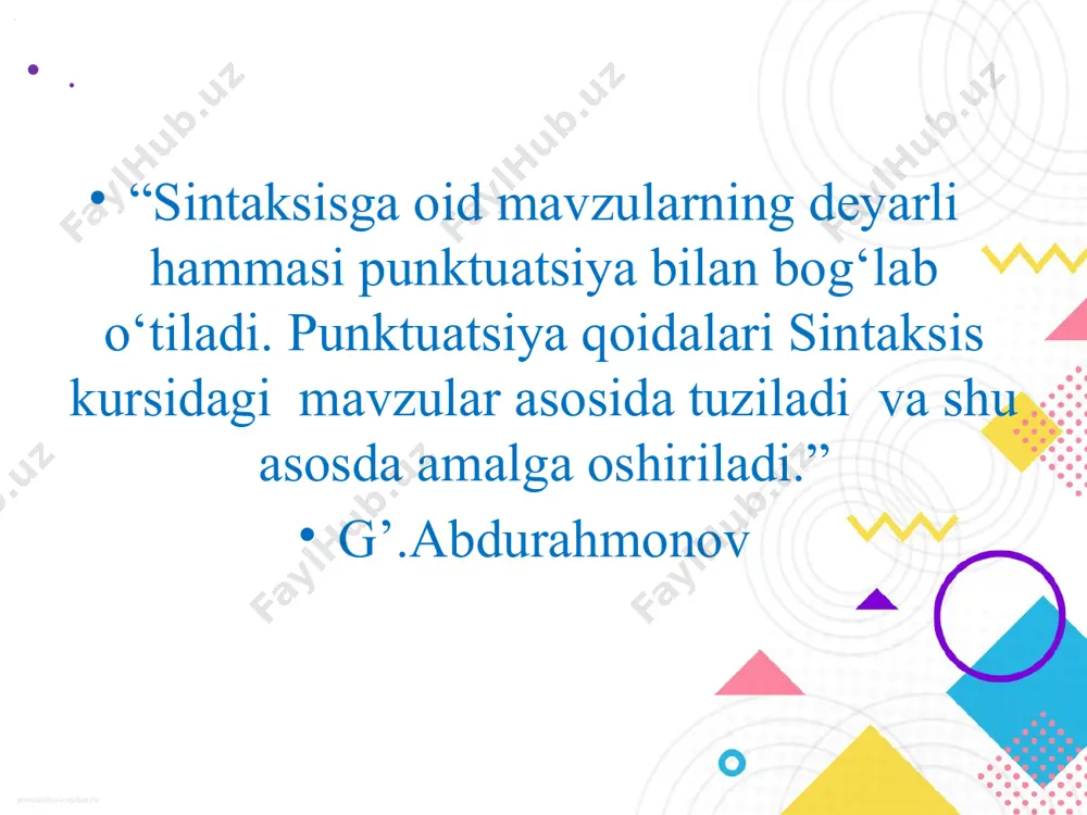 u murod shams mehringiz qo‘msaydi yoshlik ayub g‘ulom ruhi qalblarda mangu. . tinish belgilaprinsiplar asosida yaratiladi. punktuatsiyaning prinsiplari uning ilmiy asoslaridan iboratdir.o‘zbek tilida 10 ta tinish belgisi bo‘lib, ular ma’lum sistema, tartib bilan ishlatiladi:ularning har birini qo‘llashda ma’lum qonun-qoidqga amal qilinadi.masalan, tinish belgilaridan biri ko‘p nuqta: a) mazmuni tugallanmagan gaplar oxiriga qo‘yiladi: yo‘q… sigir emas,… ho‘kiz… ola ho‘kiz edi. (a.q.)b) b) gapning biror bo‘lagi aytilmay qolgan bo‘lsa, shu bo‘lak o‘rniga qo‘yiladi:yurib-yurib … qishlog‘iga yetib bordik. d) hayajon bilan, kuchli tovush bilan, kuchli tovush bilan aytilgan gaplar oxiriga qo‘yiladi: o!.. ho‘kiz yo‘q, og‘il ko‘cha tomondan teshilgan. (a.q.) e) sitata to‘la olinmaganini bildirish uchu qo‘yiladi. punktuatsiya o‘qitishda onglilikni ta’minlash uchun o‘qituvchi sintakisdan o‘tiladigan mavzularni punktuatsiyaga bog‘lab tushuntirishi zarur . . nutqiy va lingvistik kompetensiyalar maktab bitiruvchisiga q‘uyidagi talablar qo‘yilgan: o‘z fikr va hissiyotlarini imlo, punktuatsion, uslubiy qoidalarga rioya qilgan holda to‘g‘ri, izchil, ifodalash, shuningdek, ma’lumotni belgilangan hajm talabiga ko‘ra yoza olish imlo, …