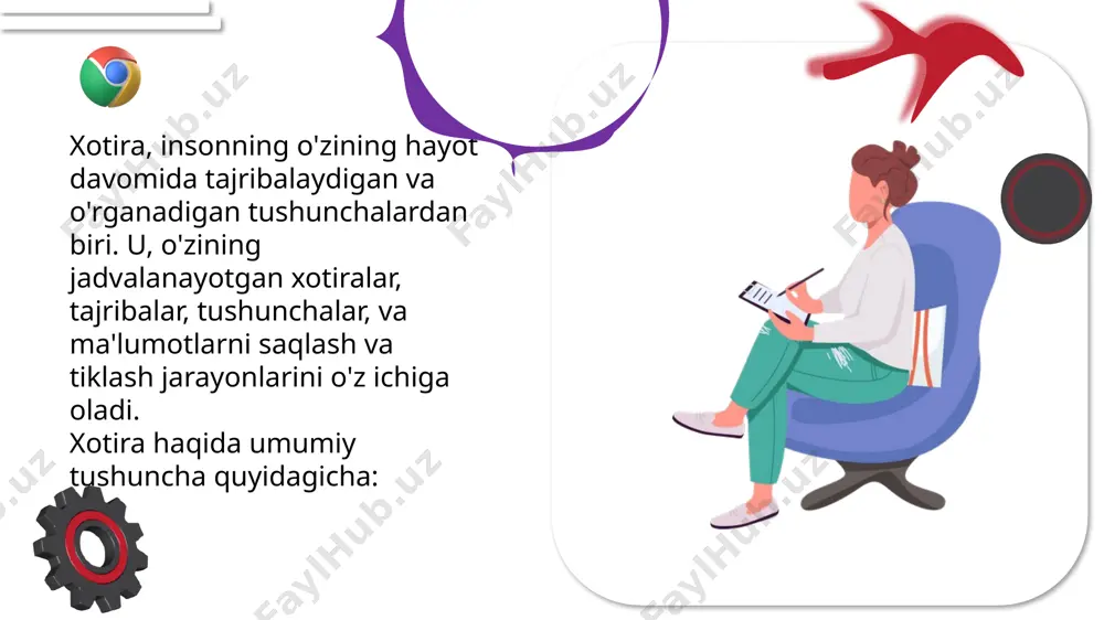 i o’rab olgan borliqni faol biluvchi kishi o’z miyasi faoliyatini to’xtovsiz kuchaytiradi. shu bilan birga uning egiluvchanilik darajasini oshiradi. miya egiluvchanligi vaqtincha pasayishi, xotira samarasining susayishi, ba’zi paytda odamning toliqishiga sabab bo’ladi. xotira borasidagi nazariyalar xotira atamasi lotin tilidan olingan xotira va imkoniyat sifatida tushuniladi yoki o'tmishdagi ma'lumotlarni saqlash va eslab qolish qobiliyati demakdir. xotira nima? xotiralarning har xil turlari keltirilgan, ulardan ba'zilari: vaqt bilan bog'liq bo'lgan xotira eshitgan narsalarni eslab qolishimizga imkon beradigan xotira eng muhim hisoblanadi, chunki nutq unga bog'liqdir. shuningdek, u bizga shovqin, qo'shiq, ohang kabi boshqa tovushlarni saqlashga imkon beradi. vizual xotira ko'rish hissi orqali qo'lga kiritilgan narsalarni ro'yxatdan o'tkazishga imkon beradigan narsa. ushbu turdagi xotira tufayli, masalan, odamlarning yuzlarini eslash yoki o'qilgan narsalarni eslab qolish mumkin. e’tiboringiz uchun rahmat image1.png image2.png image3.png image4.png image5.jpeg image6.bin image7.png image8.jpeg image9.png image10.png image11.png image12.png /docprops/thumbnail.jpeg